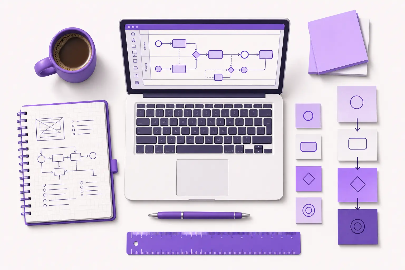Инструменты бизнес-аналитика: ноутбук с BPMN-схемой, блокнот с ТЗ, стикеры Инструменты бизнес-аналитика: ноутбук с BPMN-схемой, блокнот с ТЗ, стикеры