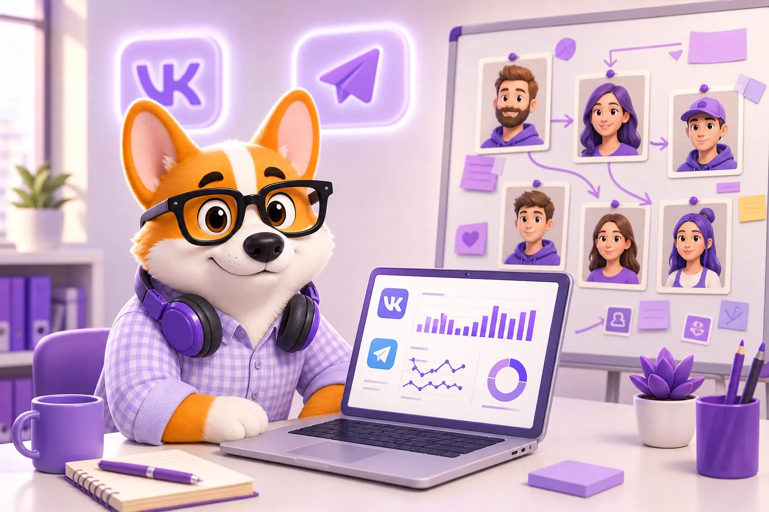 Рой-корги в роли SMM-стратега за ноутбуком с аналитикой соцсетей