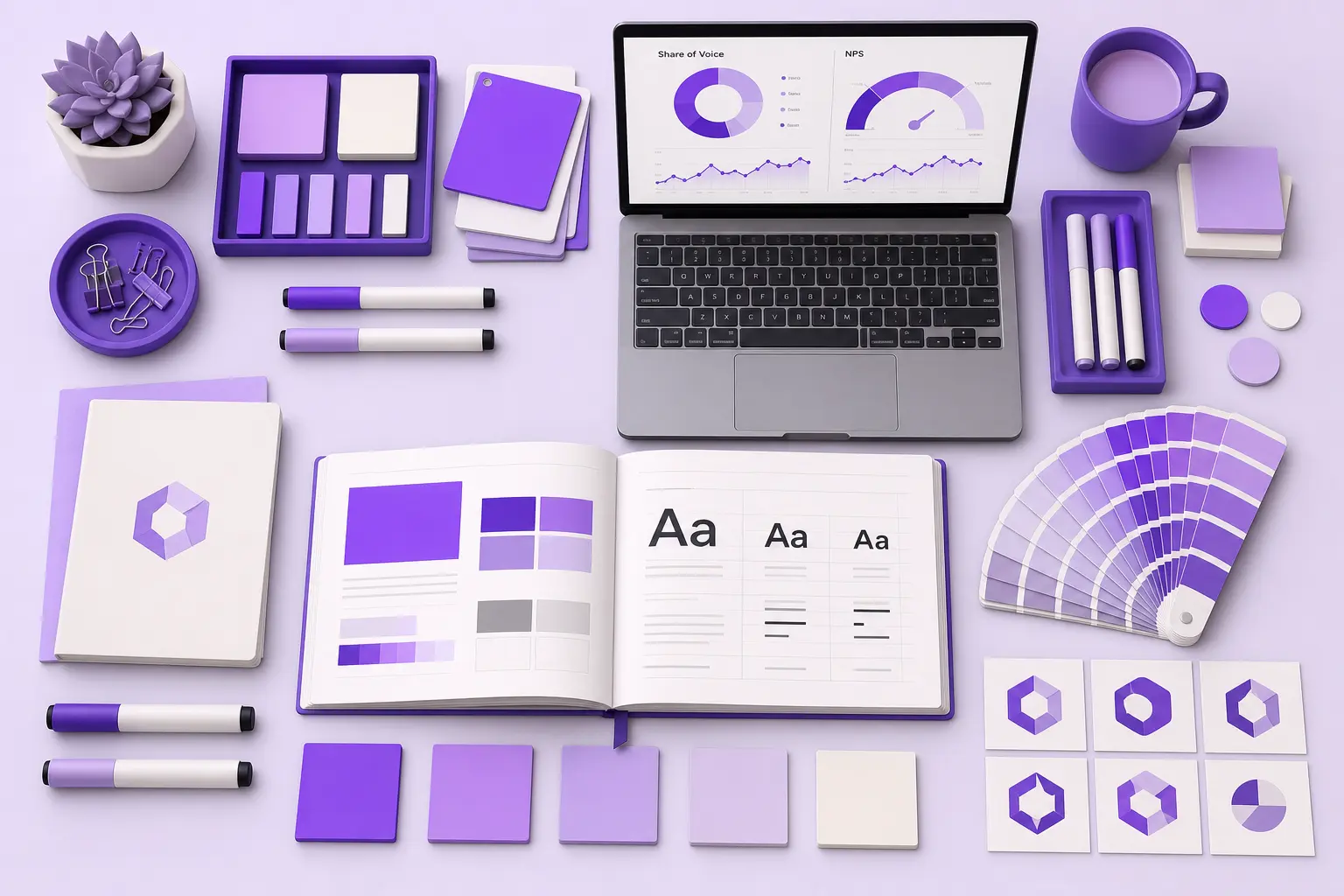 Раскладка инструментов бренд-маркетолога: брендбук, палитра Pantone, график NPS на ноутбуке