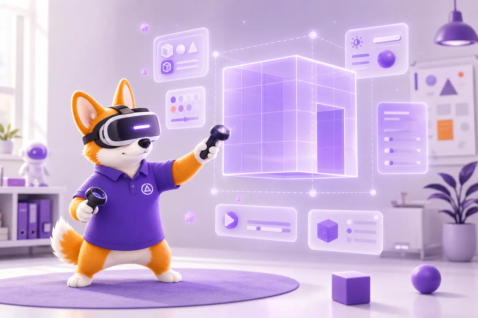 Рой-корги в VR-шлеме расставляет виртуальные объекты жестами контроллеров