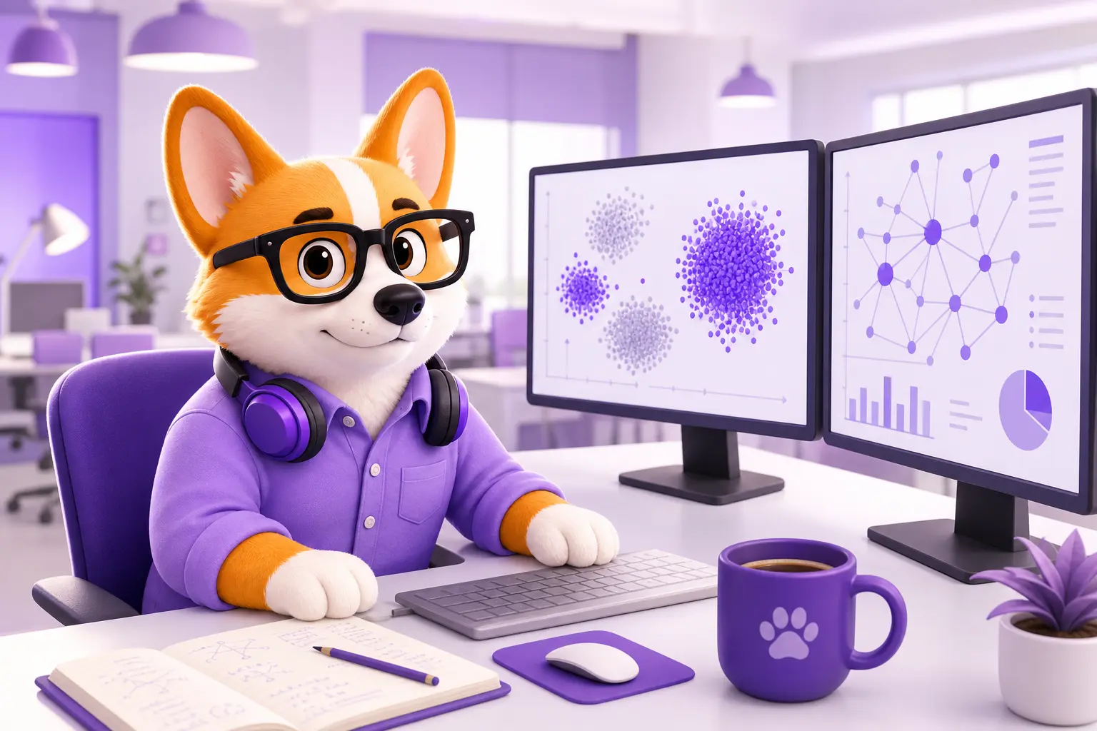 Рой-корги в роли специалиста по Data Mining за столом с мониторами, на которых визуализация кластеров данных