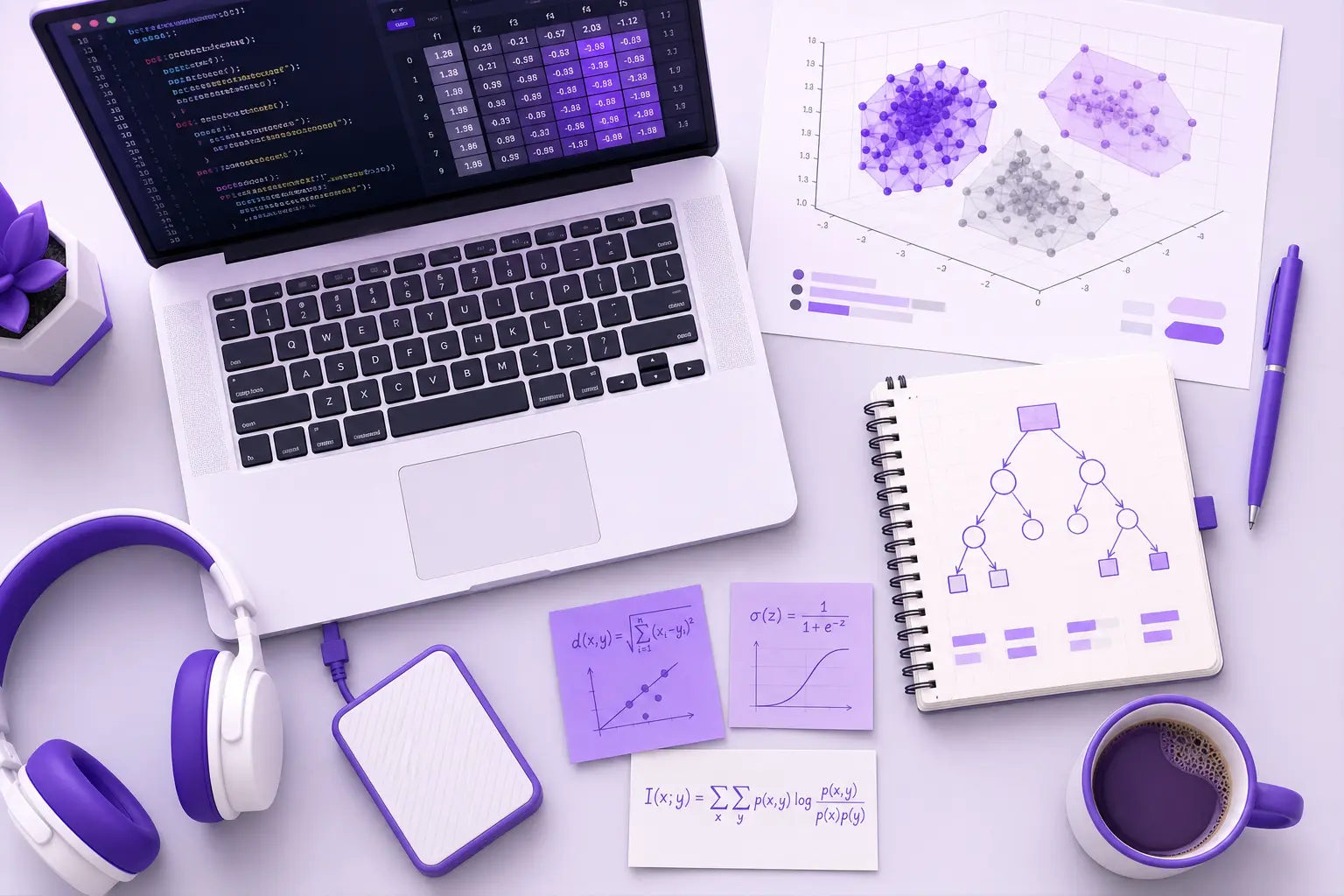 Раскладка инструментов специалиста по Data Mining: ноутбук с кодом, диаграмма кластеризации, блокнот с формулами