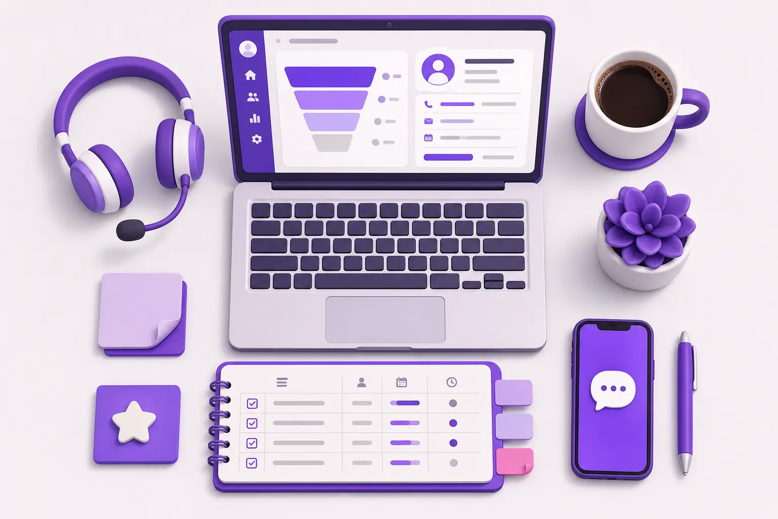 Раскладка рабочих инструментов аккаунт-менеджера: ноутбук с CRM, гарнитура, блокнот с задачами