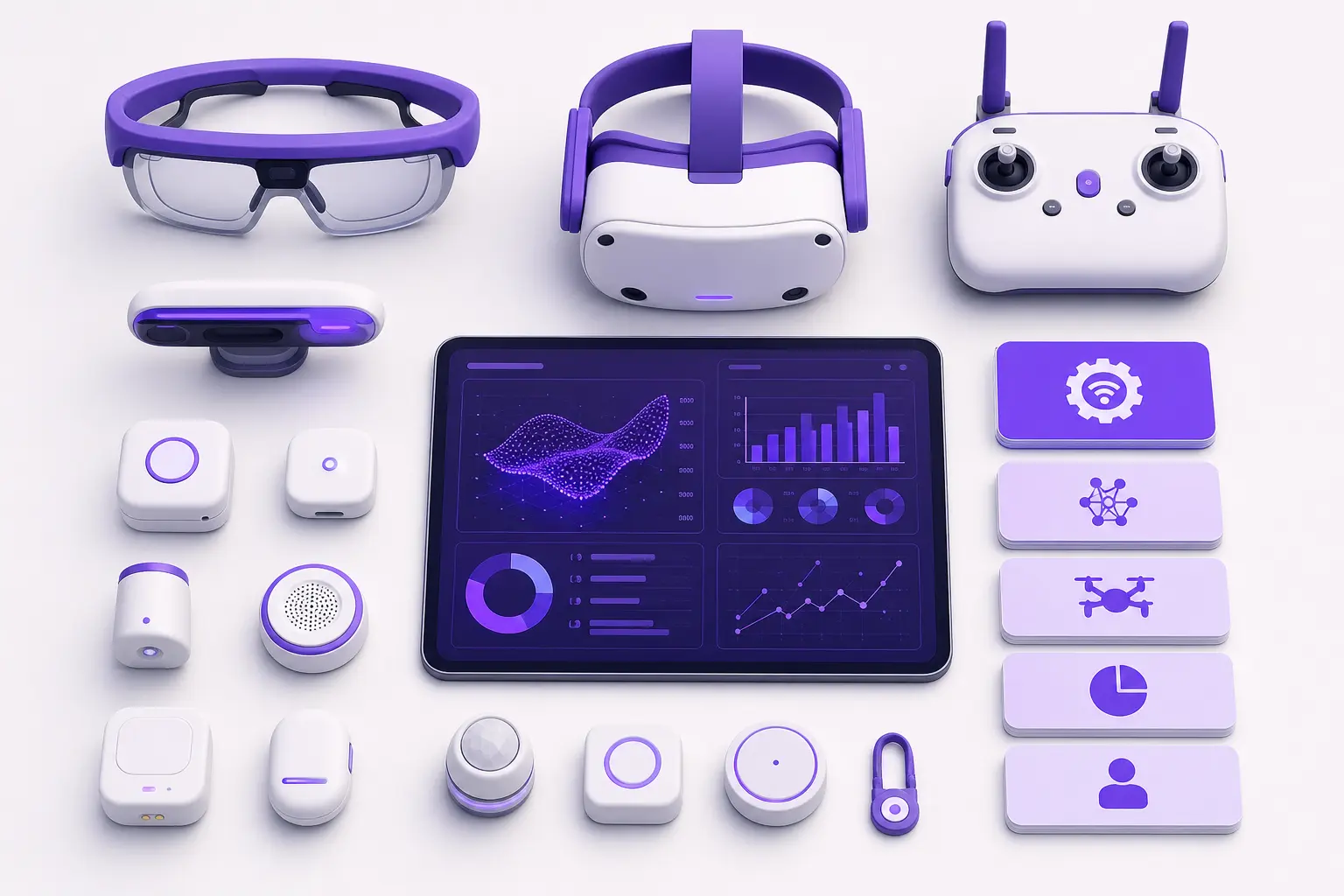 Аккуратная раскладка инструментов десяти профессий будущего — AR-очки, IoT-датчики, пульт дрона, голографический планшет