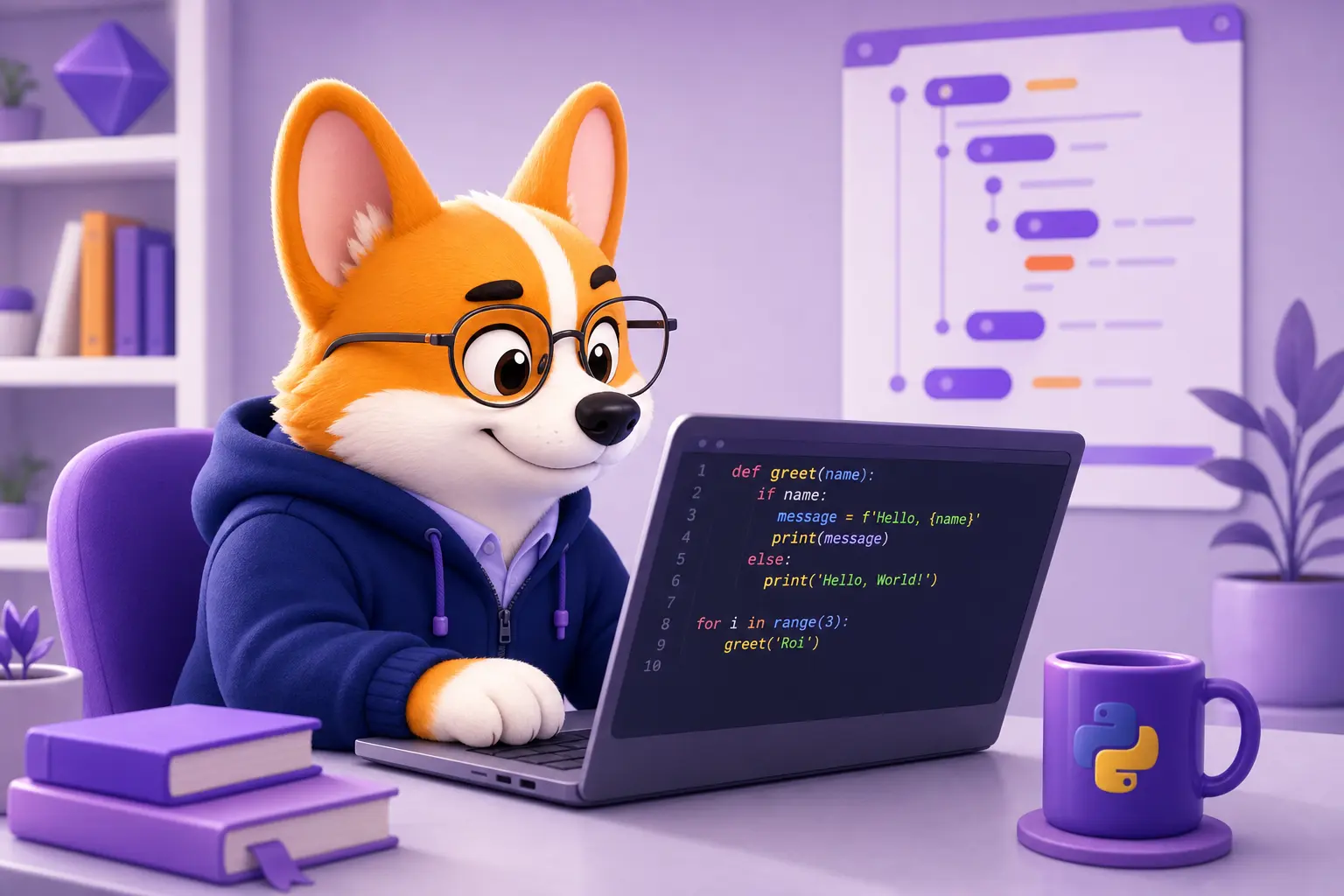 Рой-корги в роли Python-разработчика сидит за ноутбуком с кодом на экране Рой-корги в роли Python-разработчика сидит за ноутбуком с кодом на экране