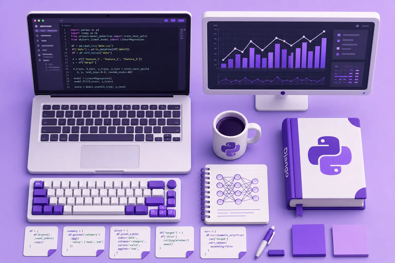 Разложенные инструменты и экраны, показывающие разные сферы применения Python — веб, данные, нейросети Разложенные инструменты и экраны, показывающие разные сферы применения Python — веб, данные, нейросети