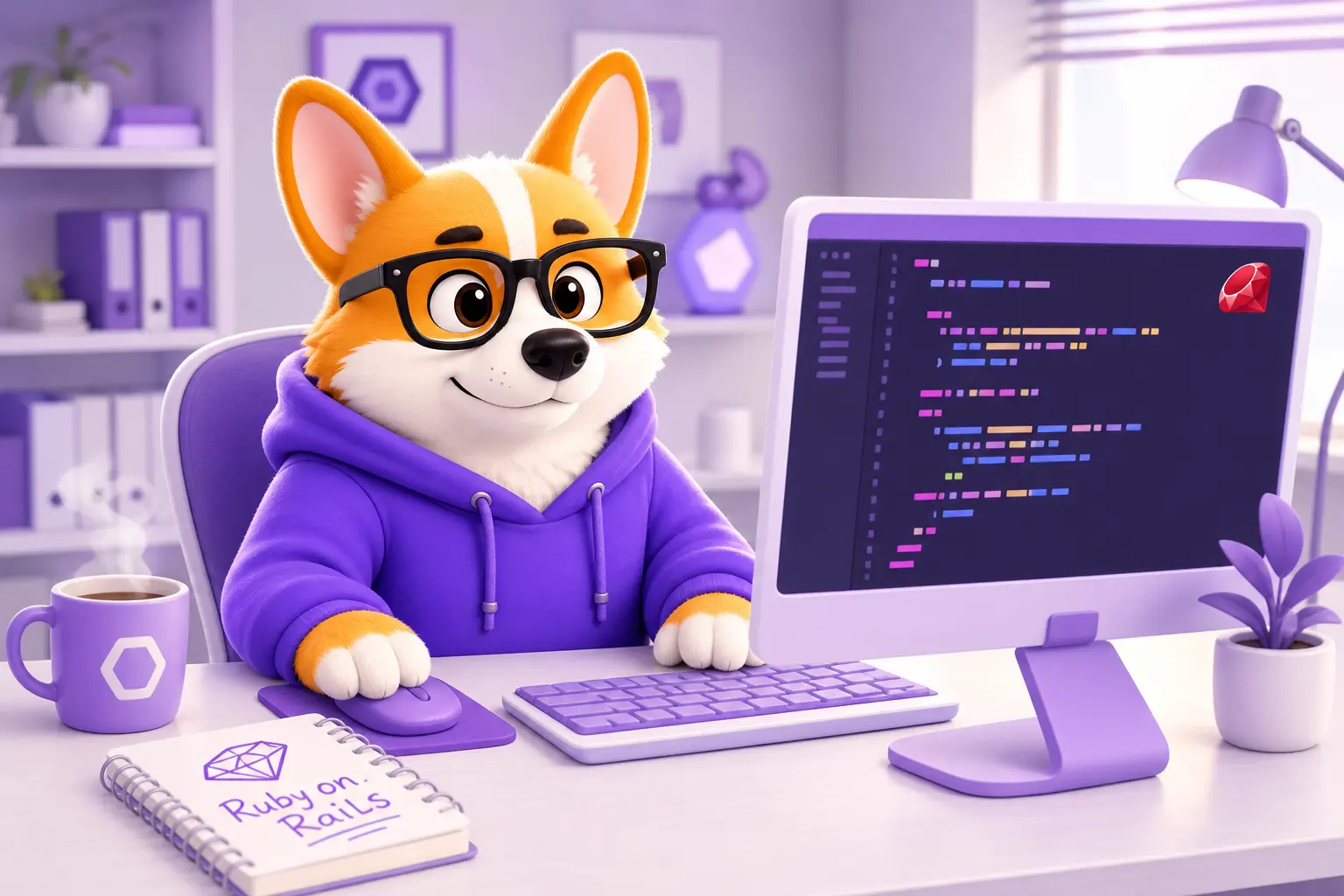 Рой-корги в образе разработчика сидит за компьютером с кодом на языке Ruby на экране