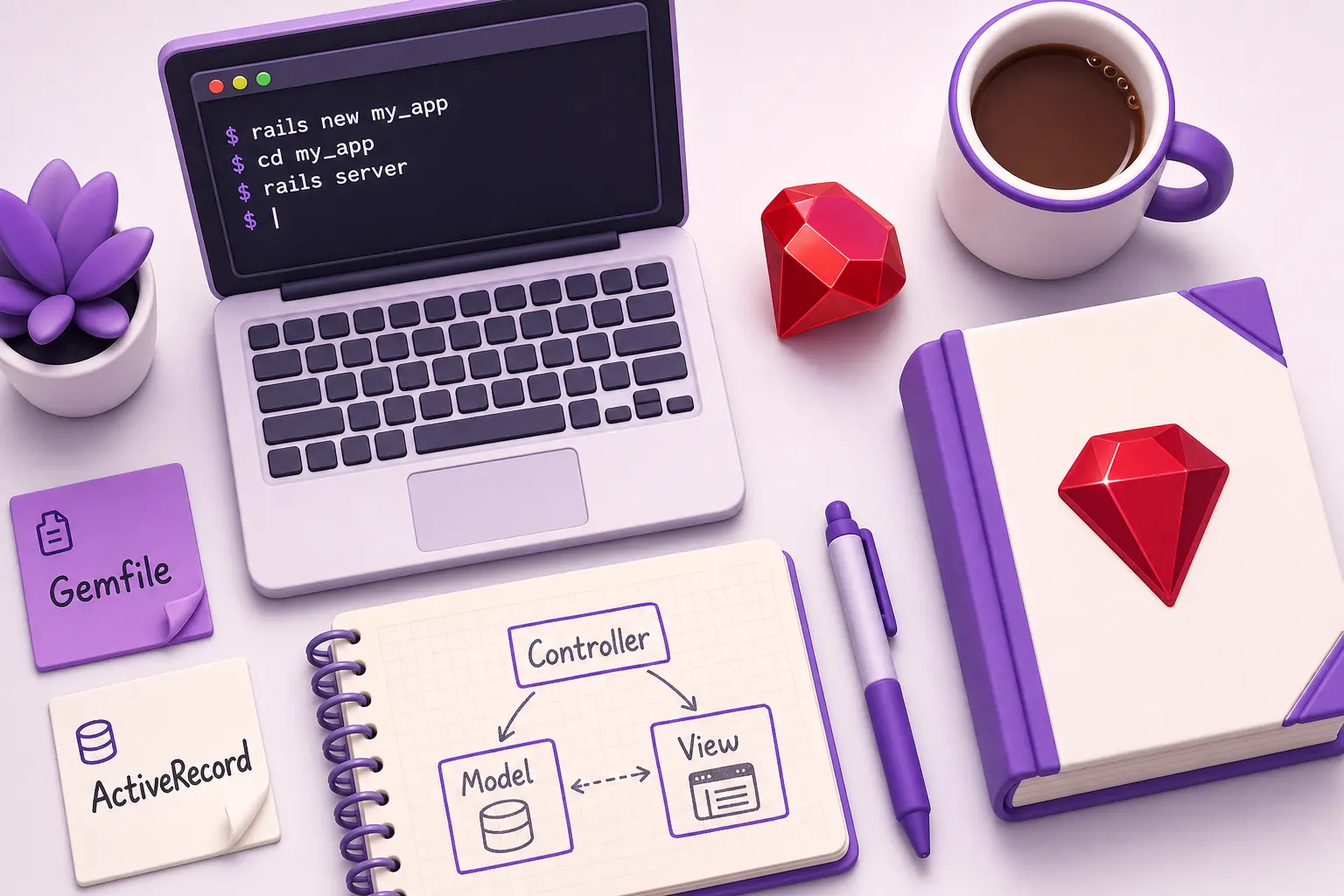 Раскладка инструментов Ruby on Rails-разработчика: ноутбук с терминалом, схема MVC, гем-символ Ruby и книга