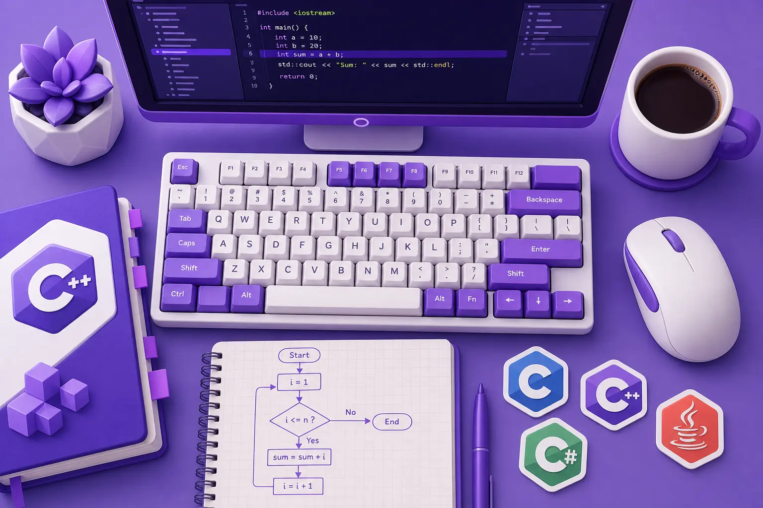 Раскладка инструментов для старта изучения языков семейства C: клавиатура, учебник, экран с кодом