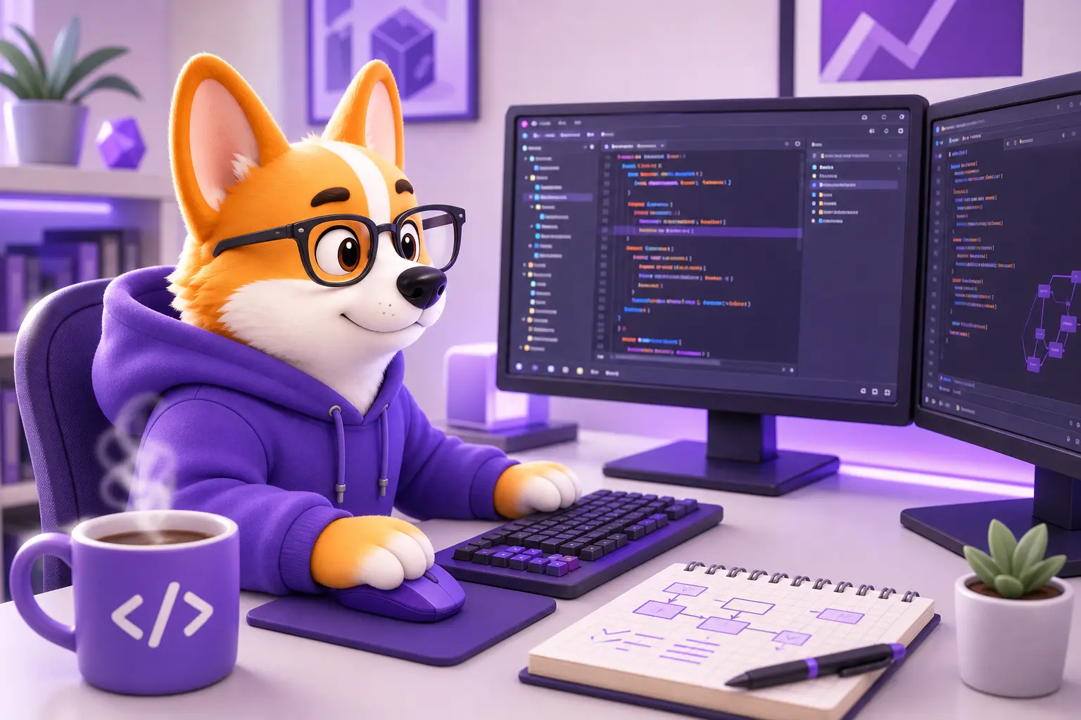 Рой-корги в роли Java-разработчика сидит за монитором с кодом в IDE Рой-корги в роли Java-разработчика сидит за монитором с кодом в IDE