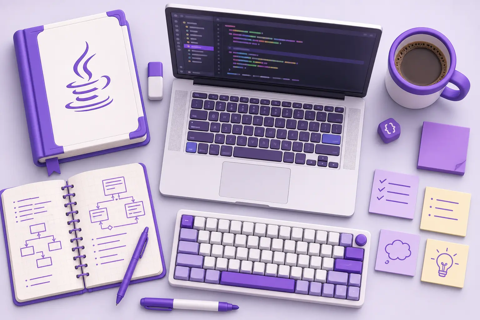 Аккуратная раскладка учебных материалов для изучения Java — ноутбук с кодом, учебник, тетрадь с конспектами Аккуратная раскладка учебных материалов для изучения Java — ноутбук с кодом, учебник, тетрадь с конспектами