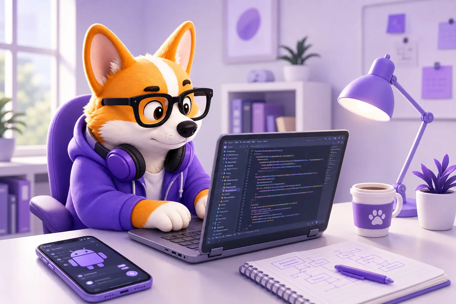 Рой пишет код на Kotlin в IntelliJ IDEA за ноутбуком, рядом смартфон с Android-приложением Рой пишет код на Kotlin в IntelliJ IDEA за ноутбуком, рядом смартфон с Android-приложением