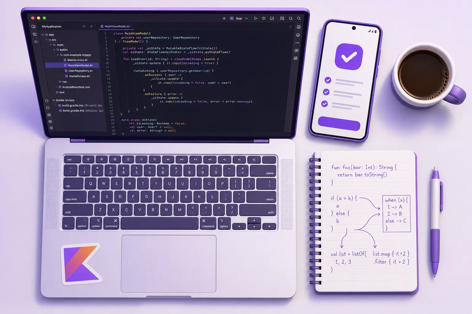 Раскладка инструментов для изучения Kotlin: ноутбук с кодом, смартфон с приложением, блокнот с заметками Раскладка инструментов для изучения Kotlin: ноутбук с кодом, смартфон с приложением, блокнот с заметками