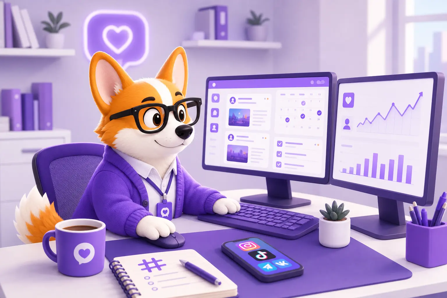 Рой-корги в роли SMM-менеджера работает за компьютером с админкой соцсетей Рой-корги в роли SMM-менеджера работает за компьютером с админкой соцсетей