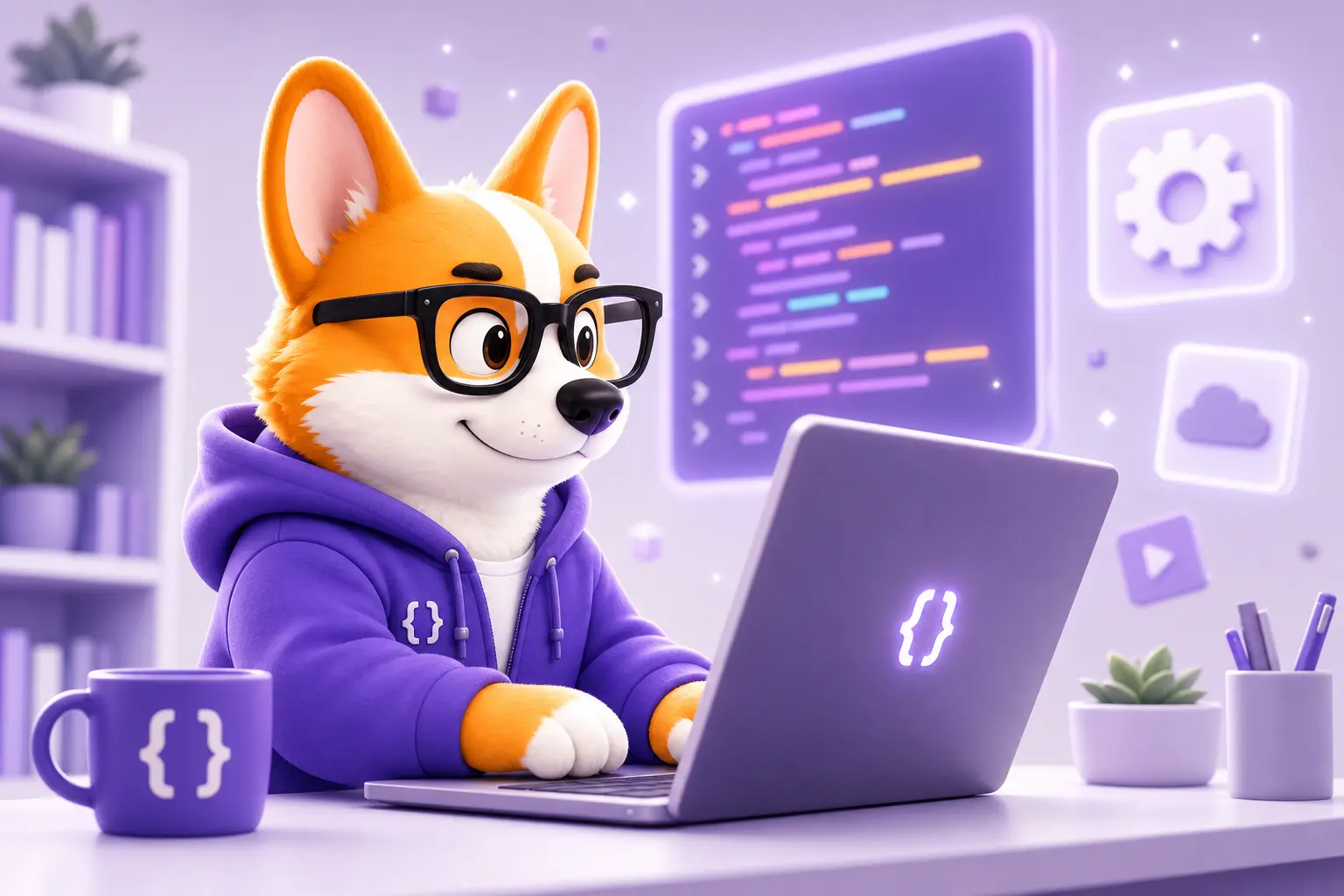 Рой-корги в образе JavaScript-разработчика печатает код за ноутбуком
