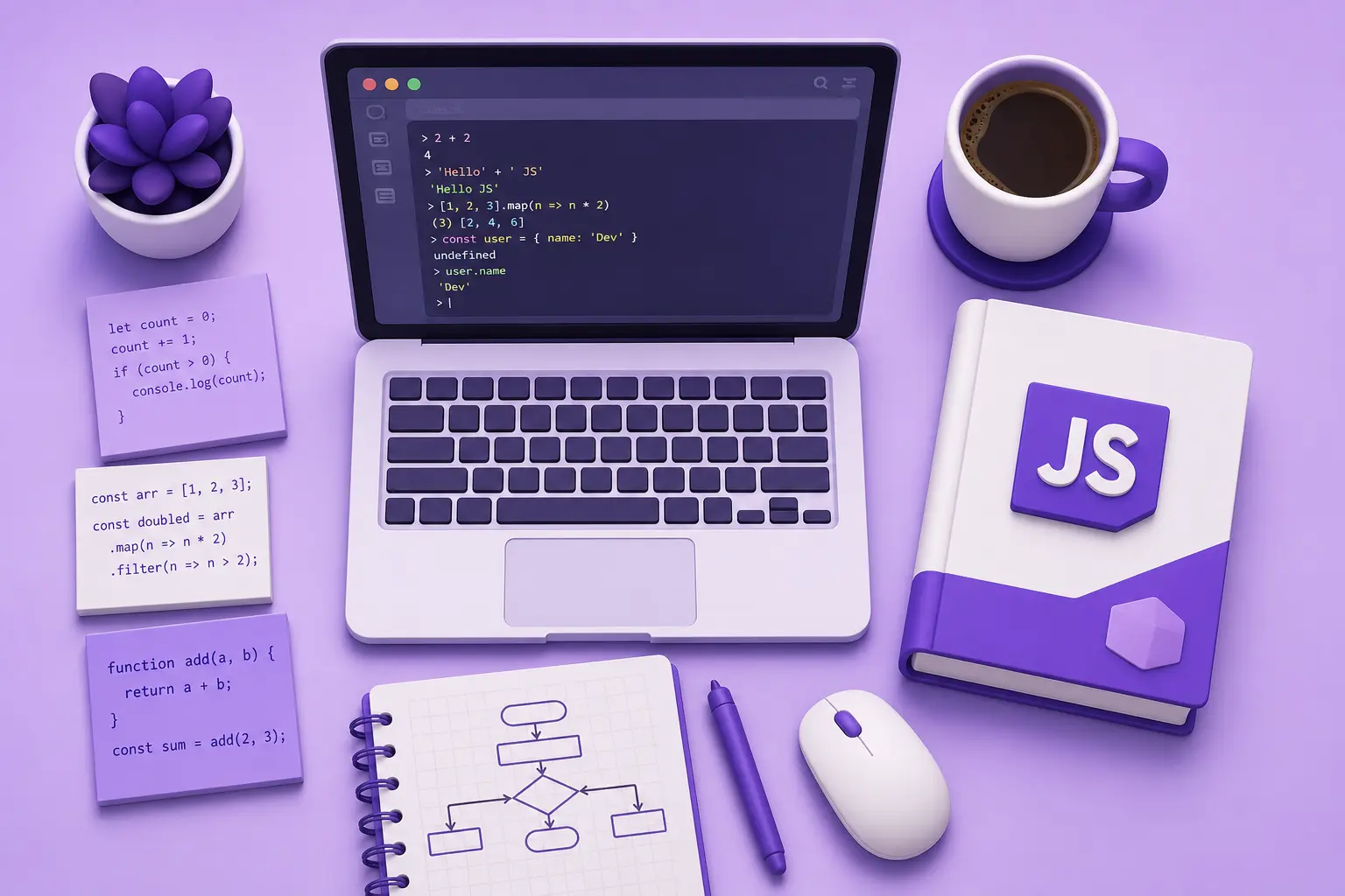 Раскладка инструментов для изучения JavaScript: ноутбук, консоль браузера, стикеры с кодом и учебник