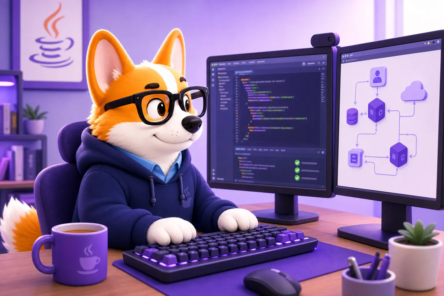 Рой-корги в роли java-разработчика сидит за двумя мониторами с кодом в IDE
