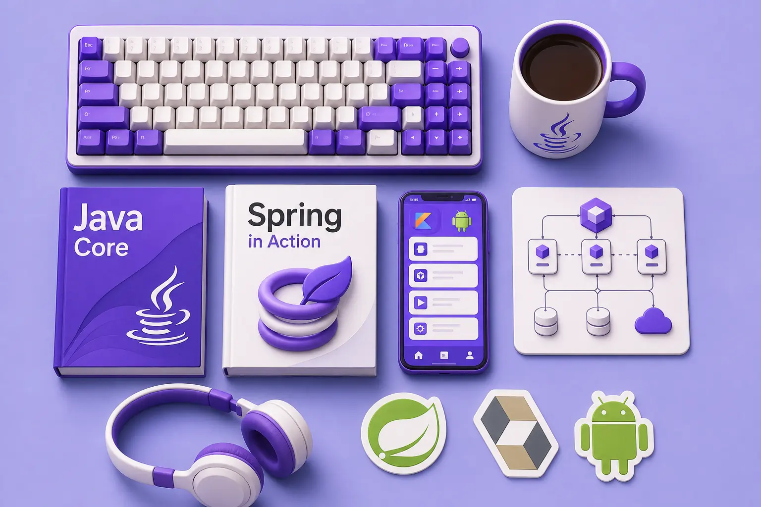 Раскладка инструментов java-разработчика: клавиатура, книги, кружка, смартфон и схема архитектуры