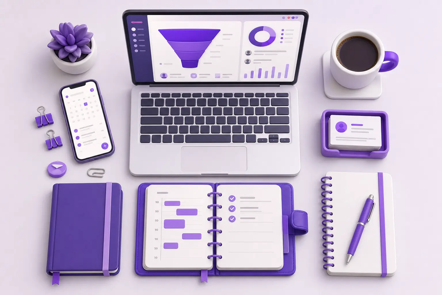 Раскладка рабочих инструментов коммерческого директора — ноутбук с CRM, ежедневник, визитки