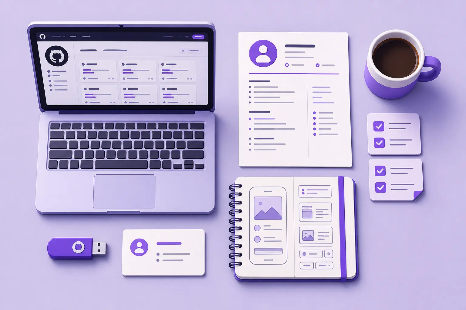 Раскладка инструментов для портфолио программиста: ноутбук с GitHub, резюме, блокнот с эскизами