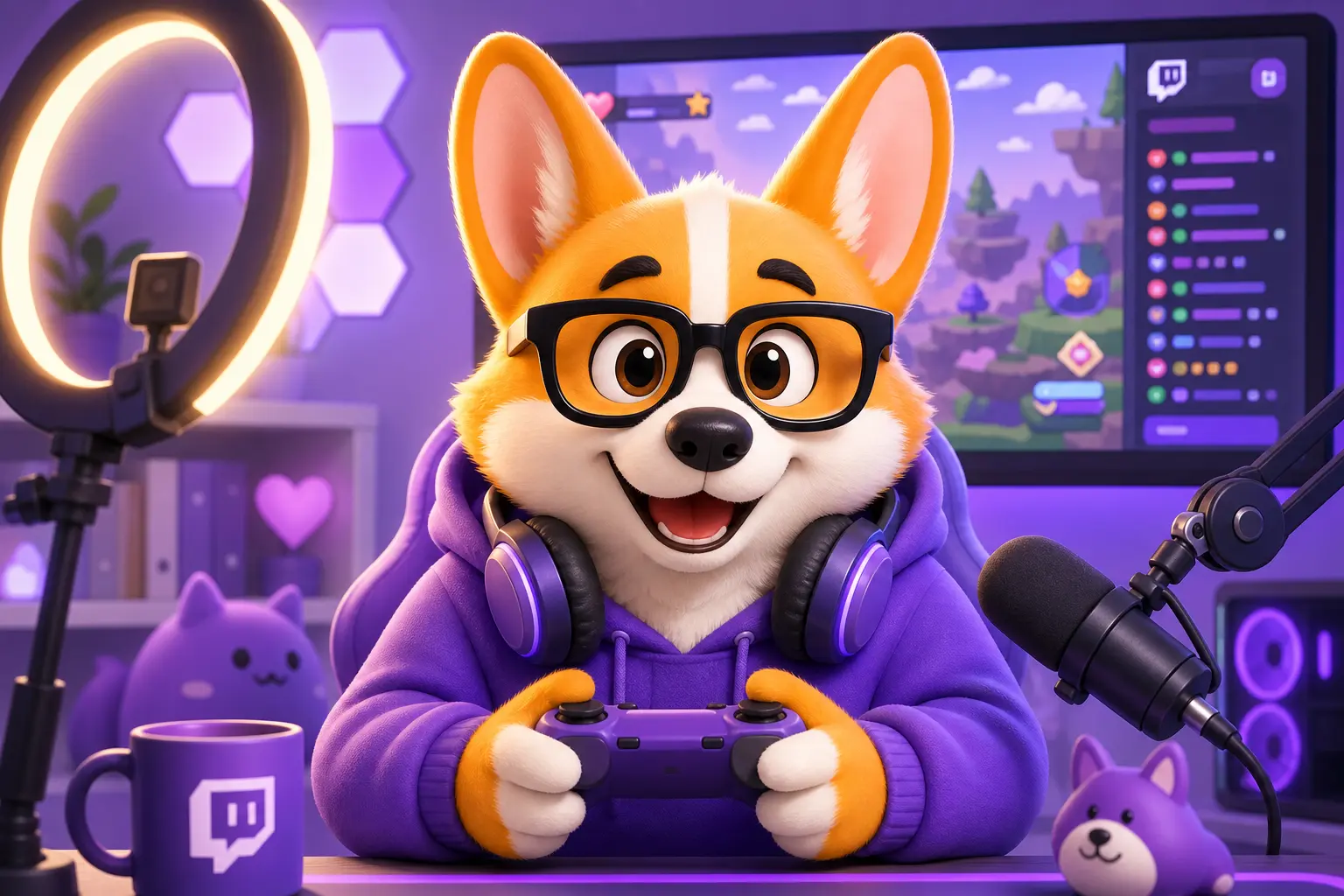 Рой-корги в роли стримера ведёт прямой эфир перед монитором с чатом Twitch
