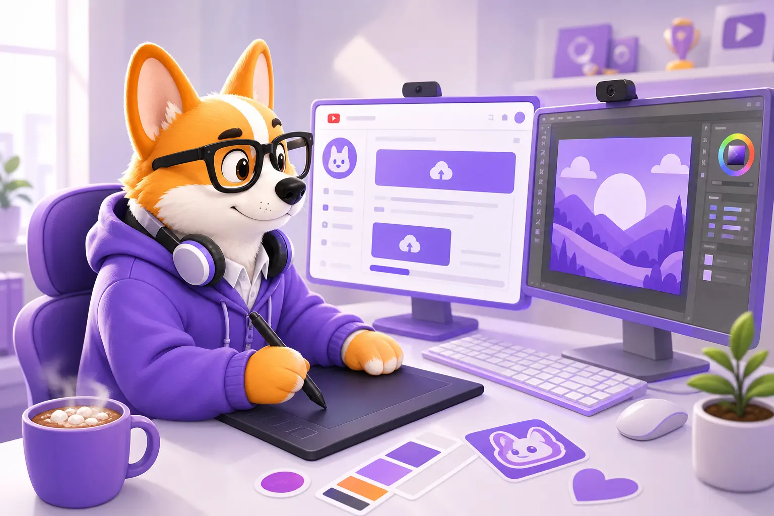 Рой-корги в роли дизайнера настраивает аватар и баннер канала в YouTube Studio на двух мониторах