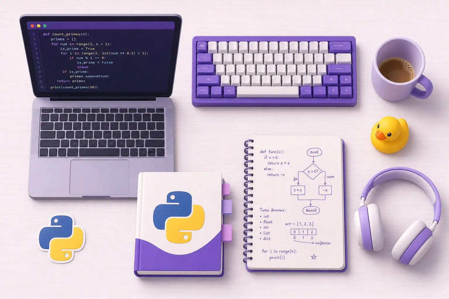 Аккуратная раскладка инструментов для изучения Python: ноутбук с кодом, учебник, заметки и резиновая уточка Аккуратная раскладка инструментов для изучения Python: ноутбук с кодом, учебник, заметки и резиновая уточка