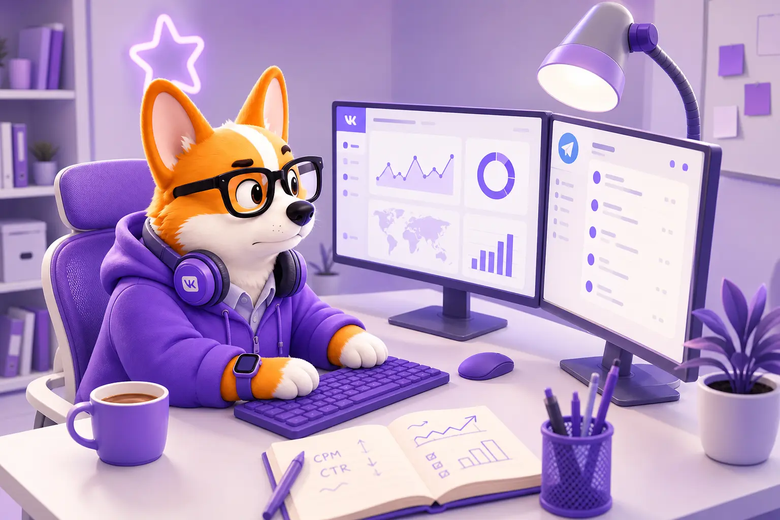 Рой-корги за рабочим столом изучает новые рекламные кабинеты VK Рекламы и Telegram Ads