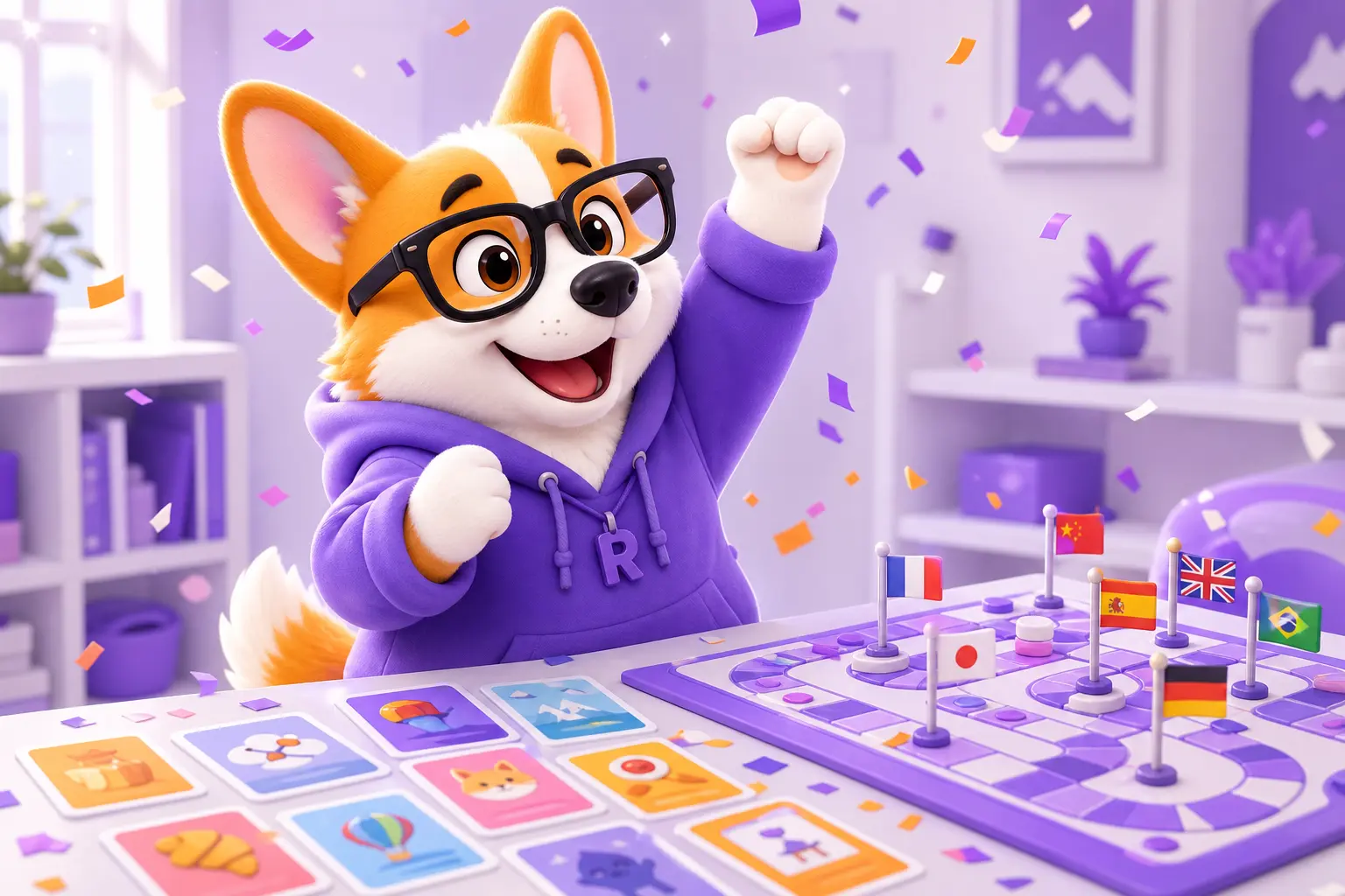 Рой радостно поднимает лапу, выиграв раунд в языковой игре с карточками