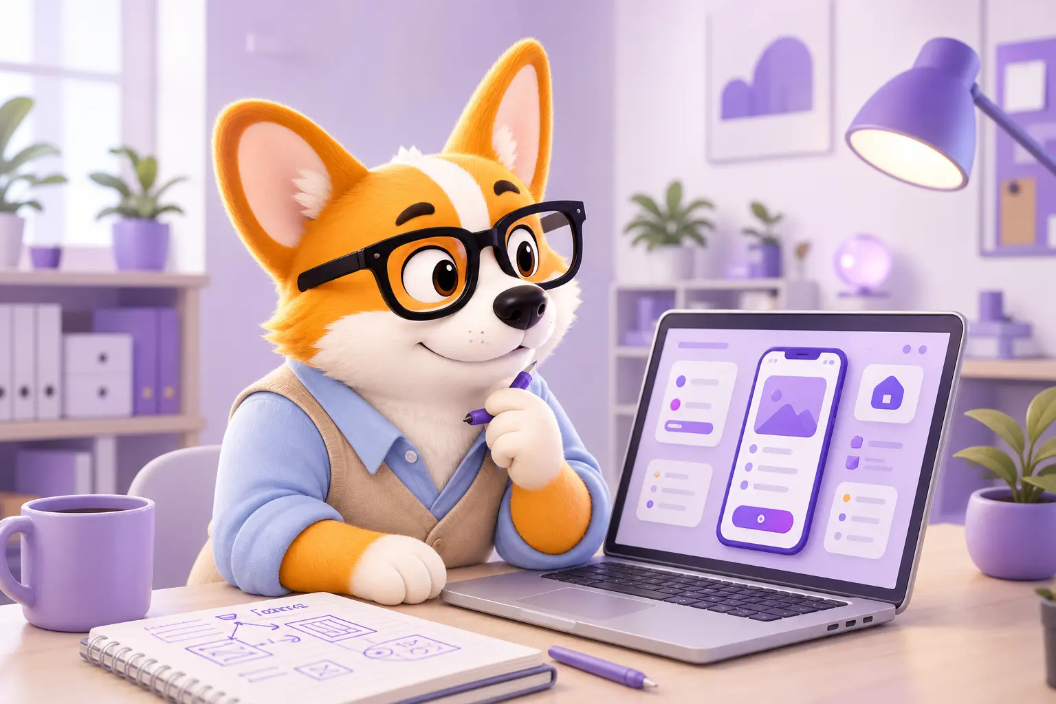 Портрет Роя UX-писателя за ноутбуком с макетом интерфейса