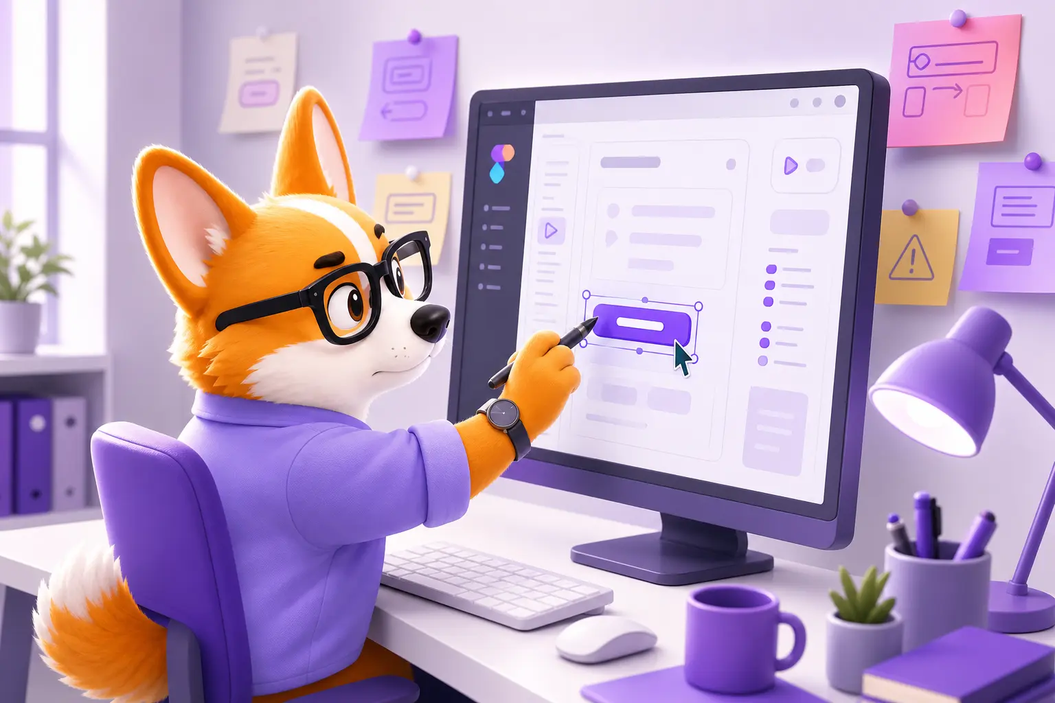 Рой редактирует текст кнопки прямо в макете Figma на мониторе