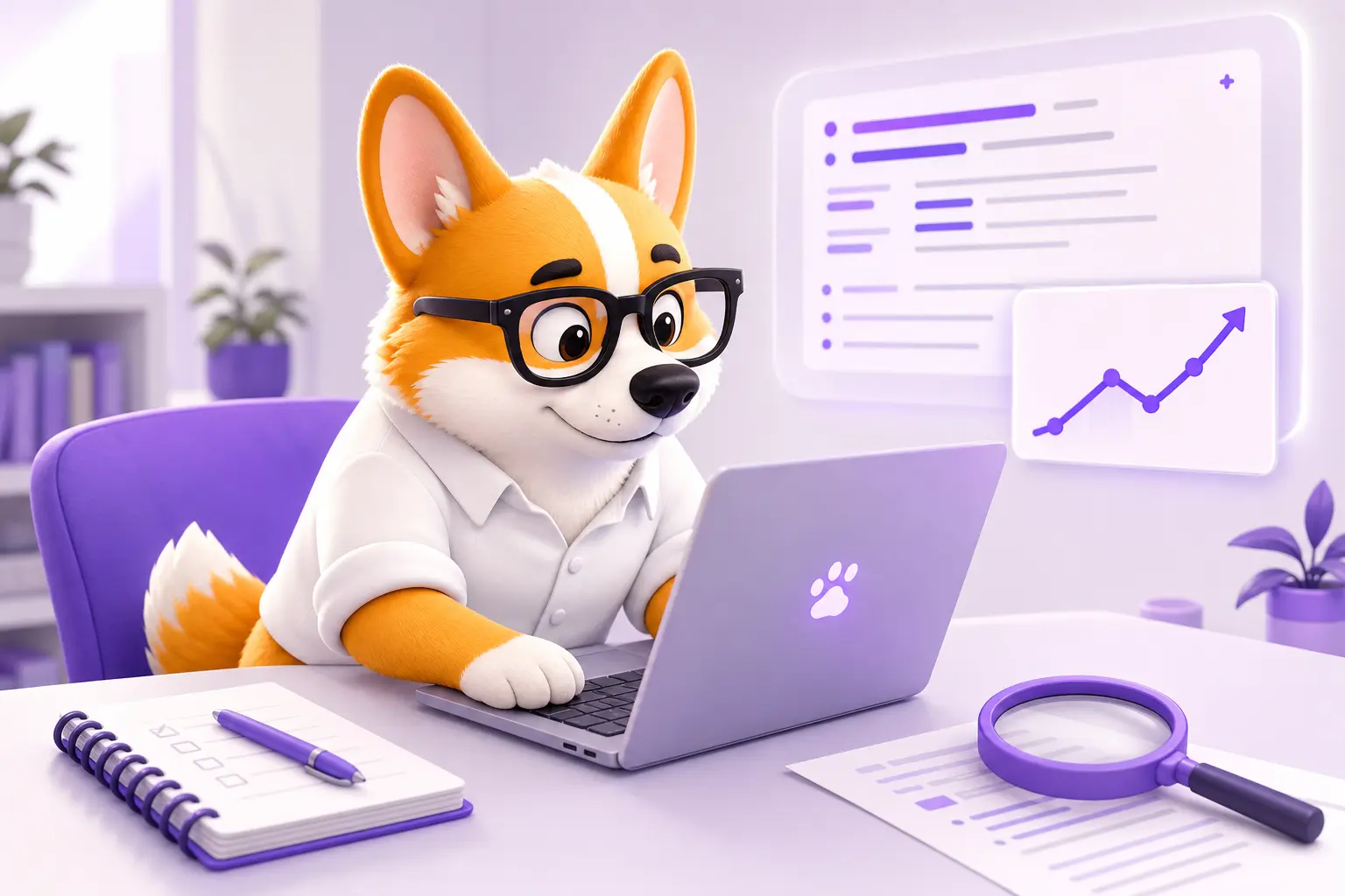 Рой-корги в роли SEO-копирайтера изучает текст с подсвеченными ключевыми словами на экране ноутбука Рой-корги в роли SEO-копирайтера изучает текст с подсвеченными ключевыми словами на экране ноутбука