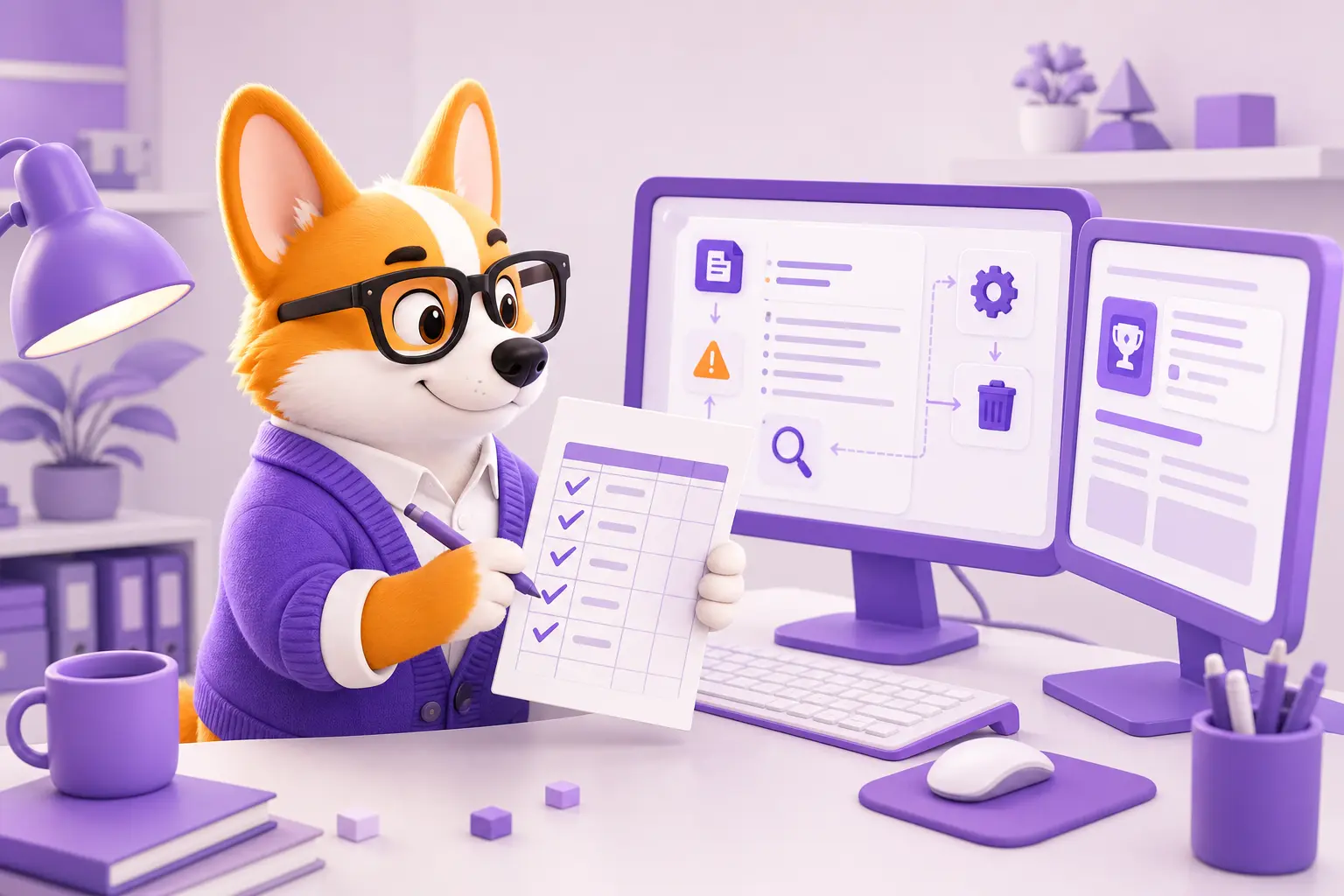 Рой-корги довольно отмечает выполненные пункты SEO-технического задания в распечатанном чек-листе Рой-корги довольно отмечает выполненные пункты SEO-технического задания в распечатанном чек-листе