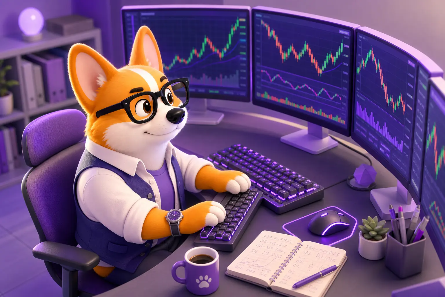Рой-корги в образе трейдера на фоне мониторов с биржевыми графиками