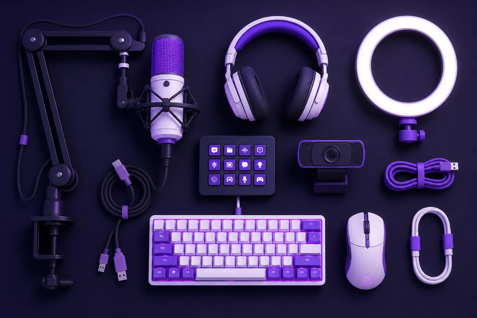 Плоская раскладка оборудования стримера сверху — микрофон, наушники, Stream Deck, кольцевой свет
