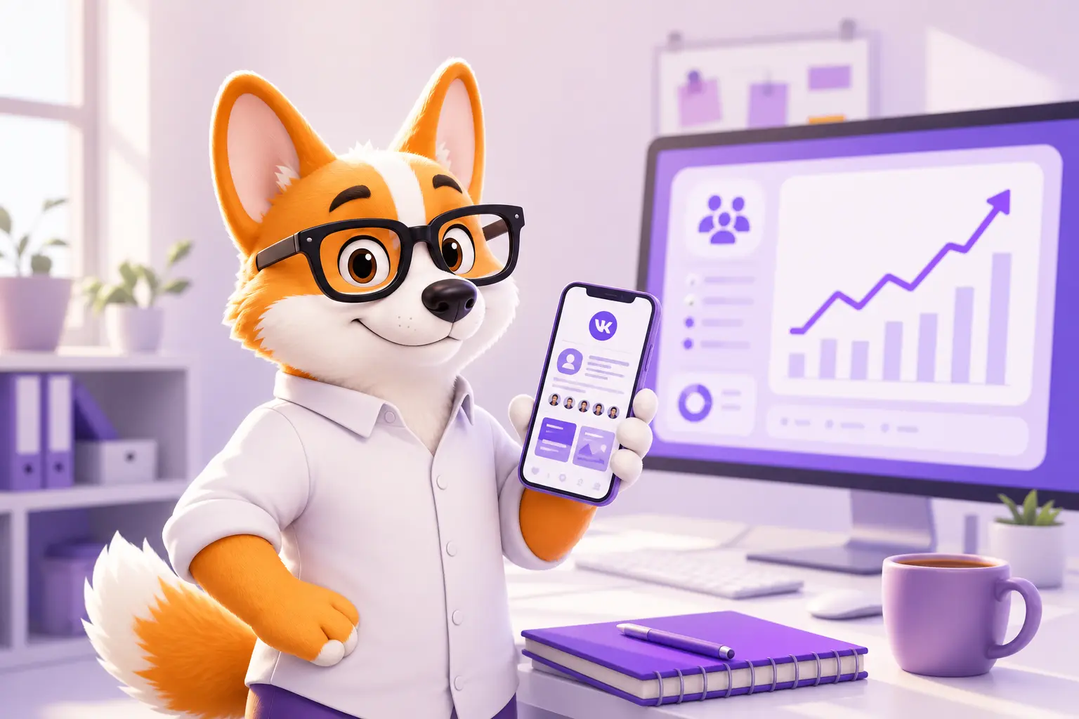 Рой держит смартфон с бизнес-профилем ВКонтакте на фоне офиса