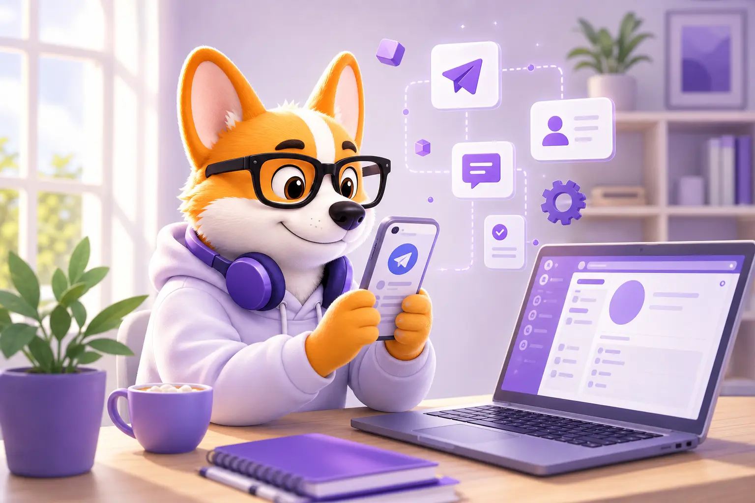 Рой-корги воодушевлённо держит смартфон с открытым Telegram перед созданием канала