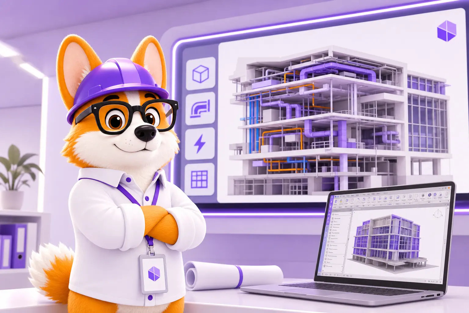 Рой в образе BIM-менеджера на фоне 3D-модели здания