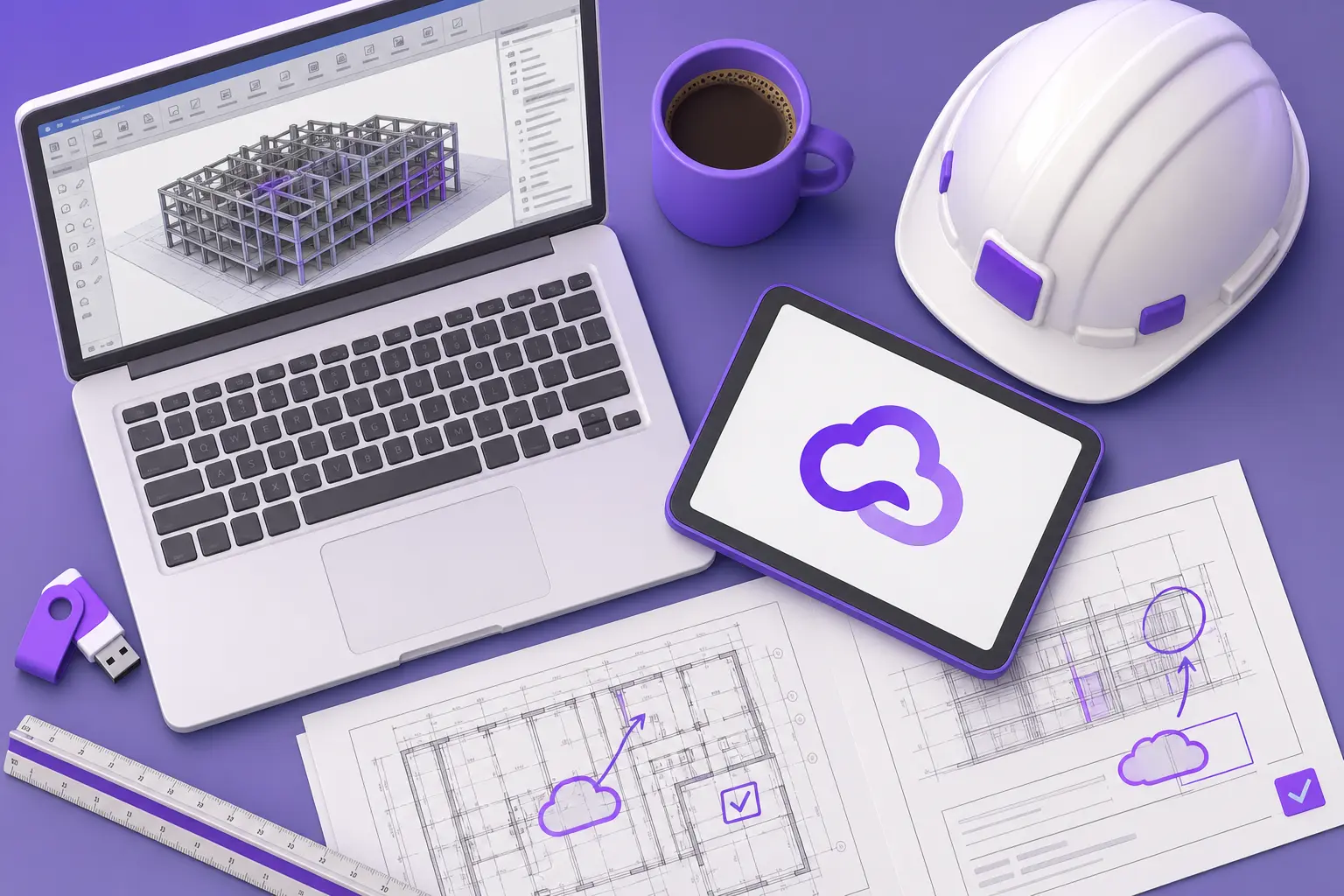 Раскладка рабочих инструментов BIM-менеджера — ноутбук, чертежи, каска