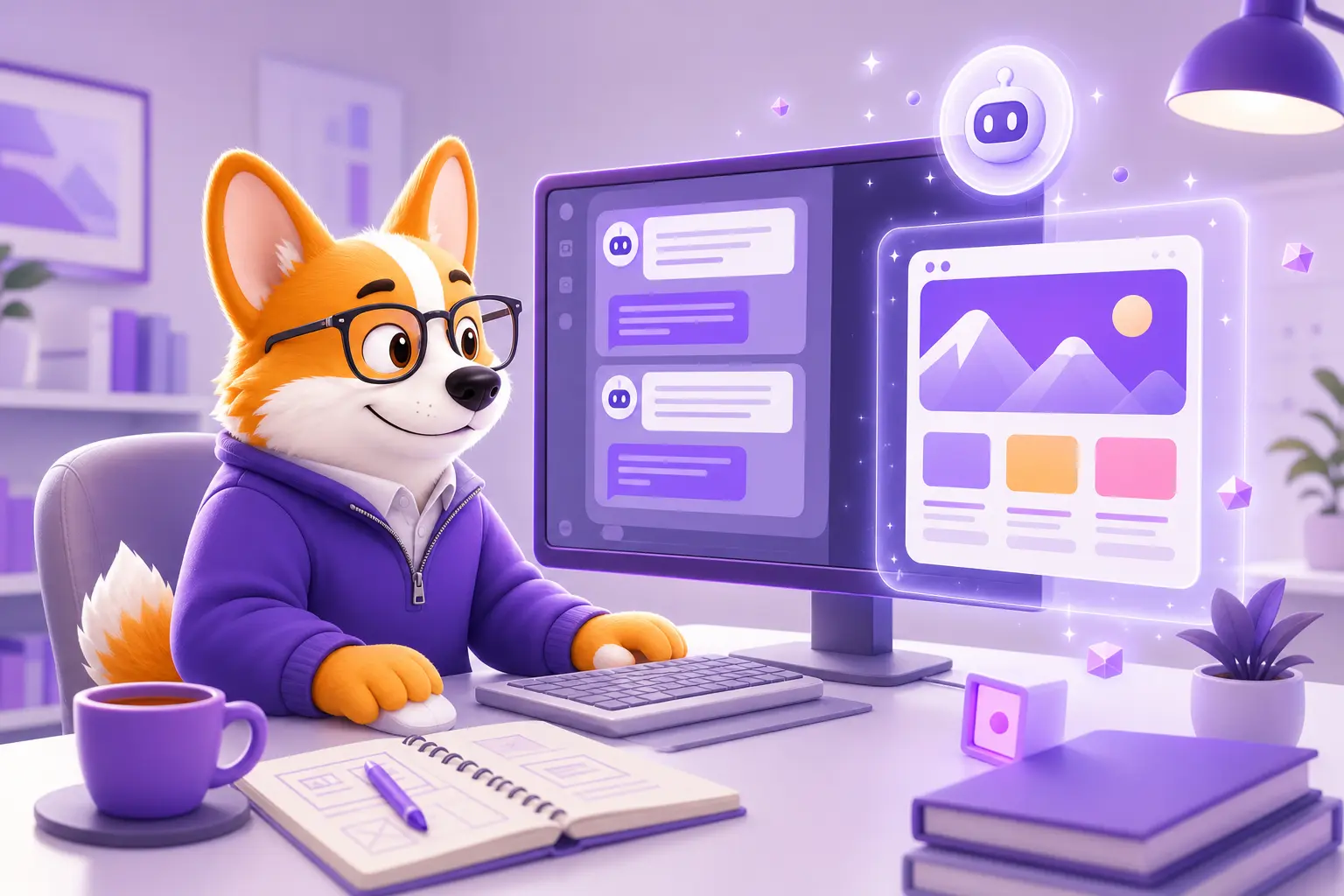 Рой-корги за монитором с открытой боковой панелью артефакта Claude