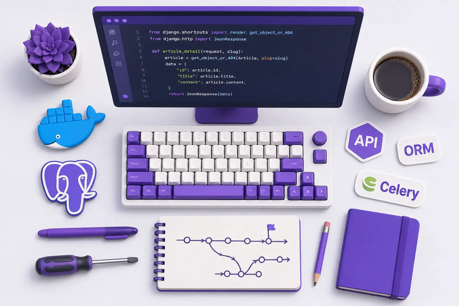 Раскладка инструментов Django-разработчика: клавиатура, значки Docker и PostgreSQL, код на экране
