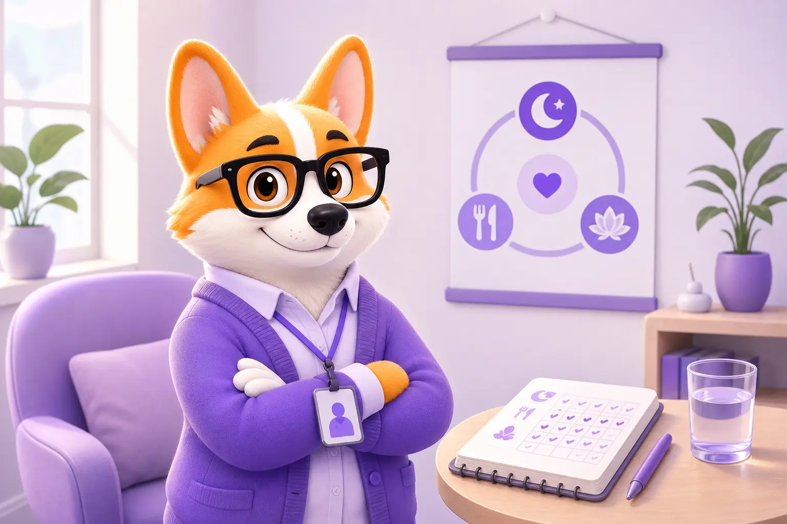 Рой-корги в образе health-коуча, тёплая улыбка, уютный кабинет с трекером привычек Рой-корги в образе health-коуча, тёплая улыбка, уютный кабинет с трекером привычек