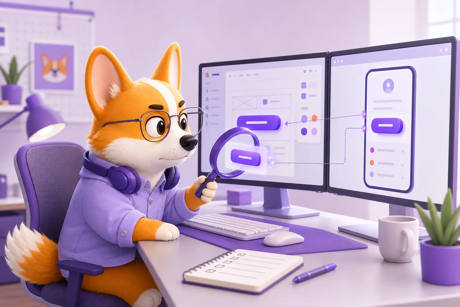 Рой-корги в роли UI/UX-тестировщика сравнивает макет из Figma с живым интерфейсом на двух мониторах