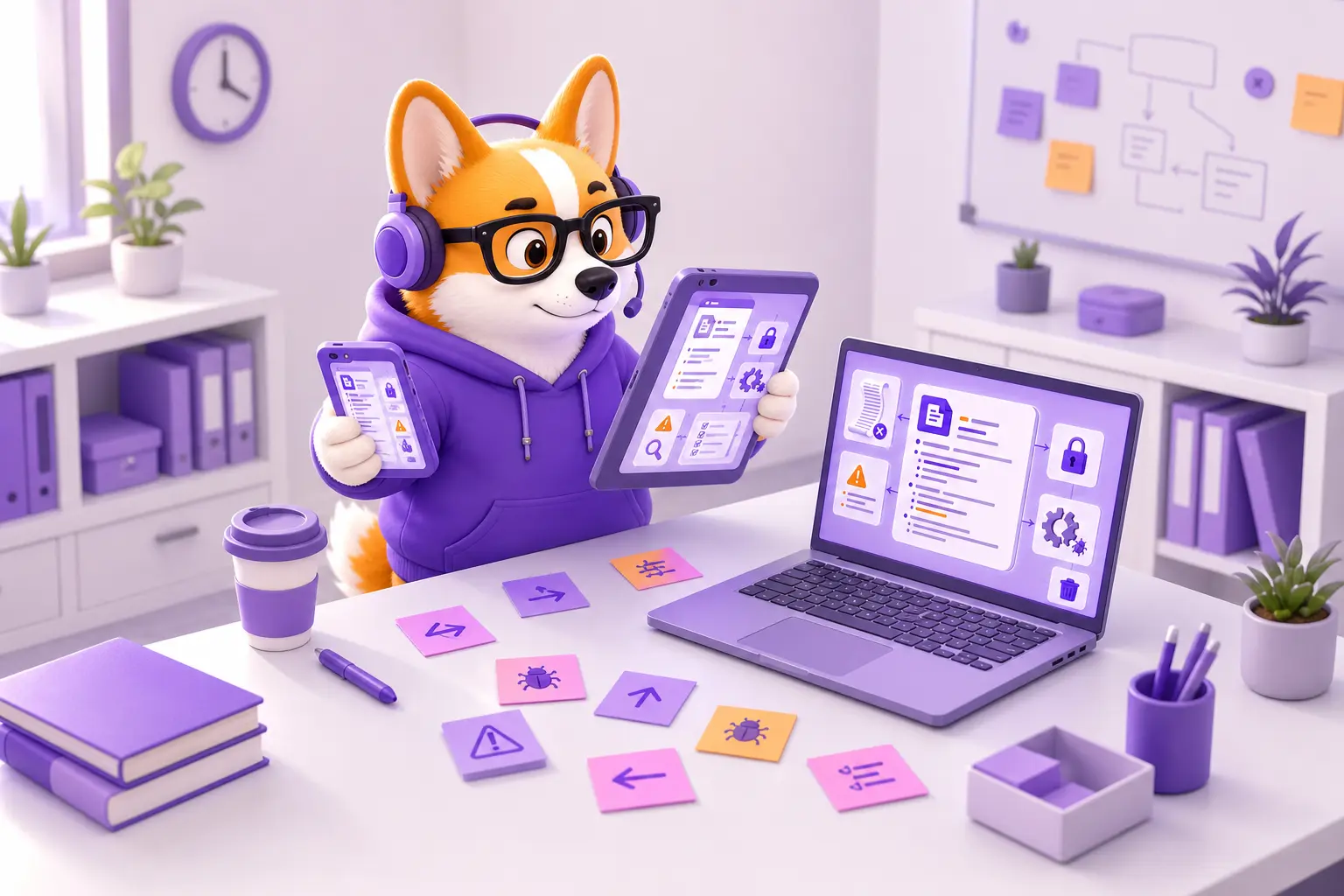Рой-корги проверяет адаптивность интерфейса на смартфоне, планшете и ноутбуке одновременно