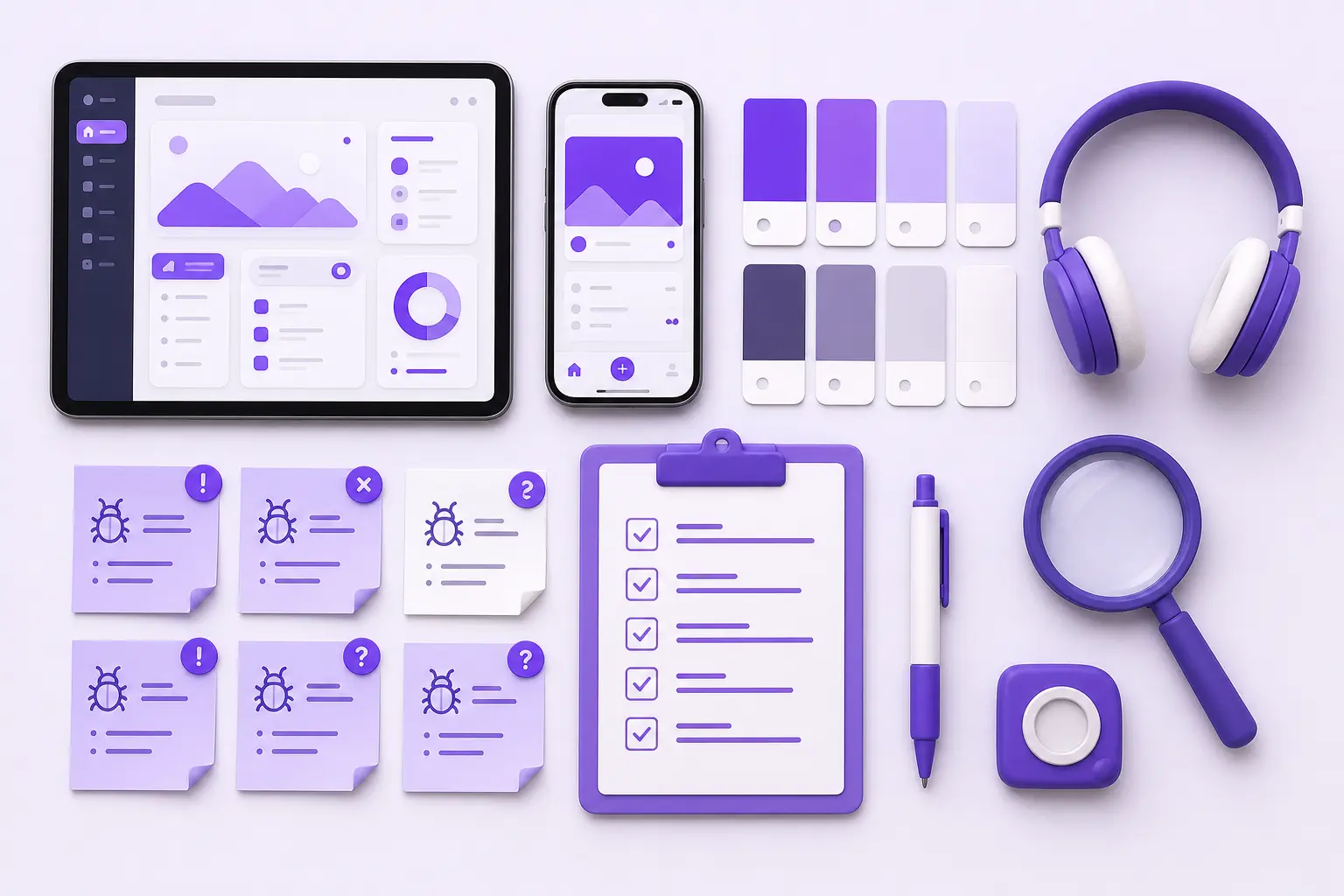 Плоская раскладка инструментов UI/UX-тестировщика: устройства, стикеры с багами, палитра и наушники