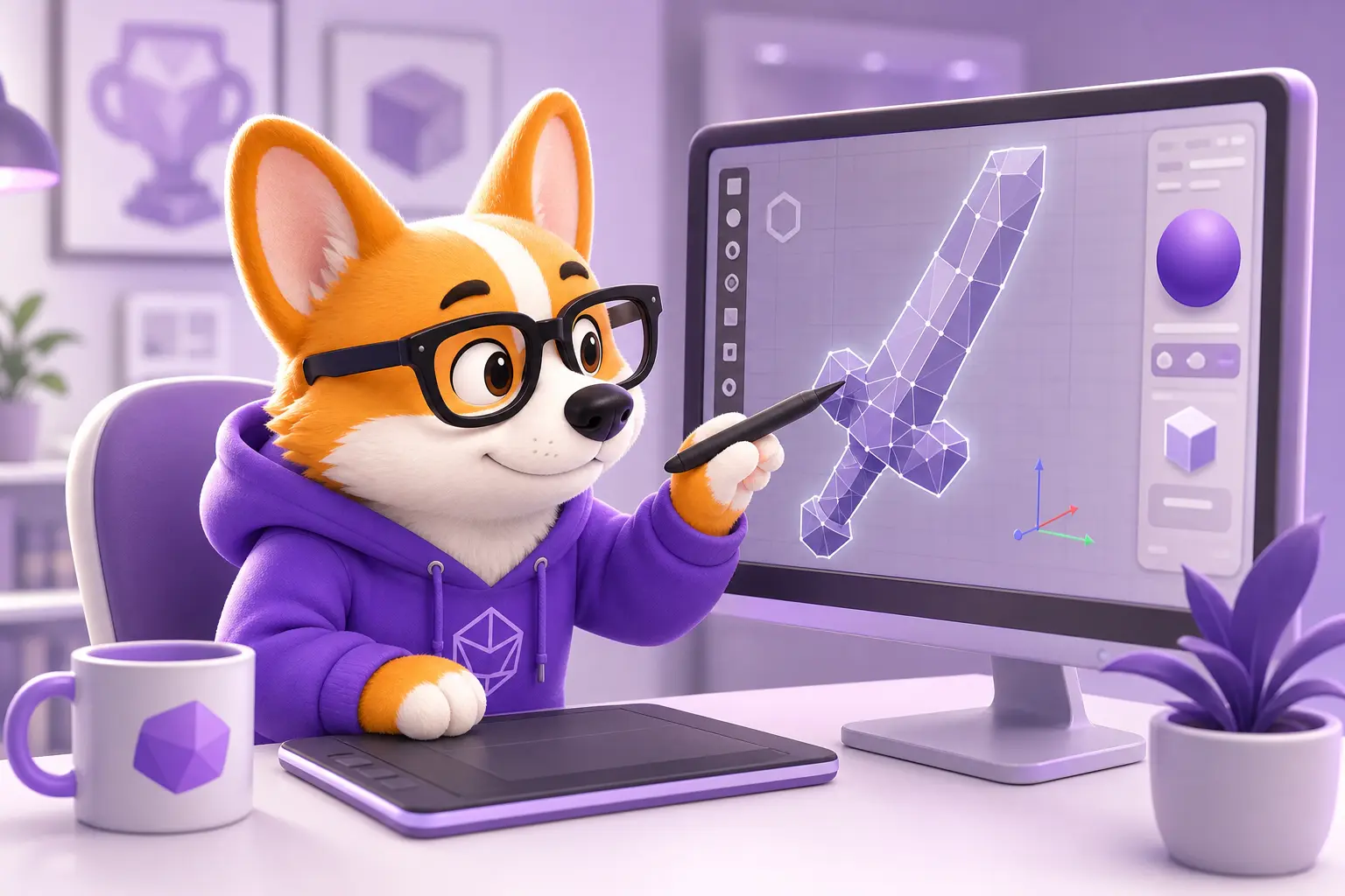 Рой-корги в роли 3D-моделлера моделит меч в Blender на мониторе Рой-корги в роли 3D-моделлера моделит меч в Blender на мониторе