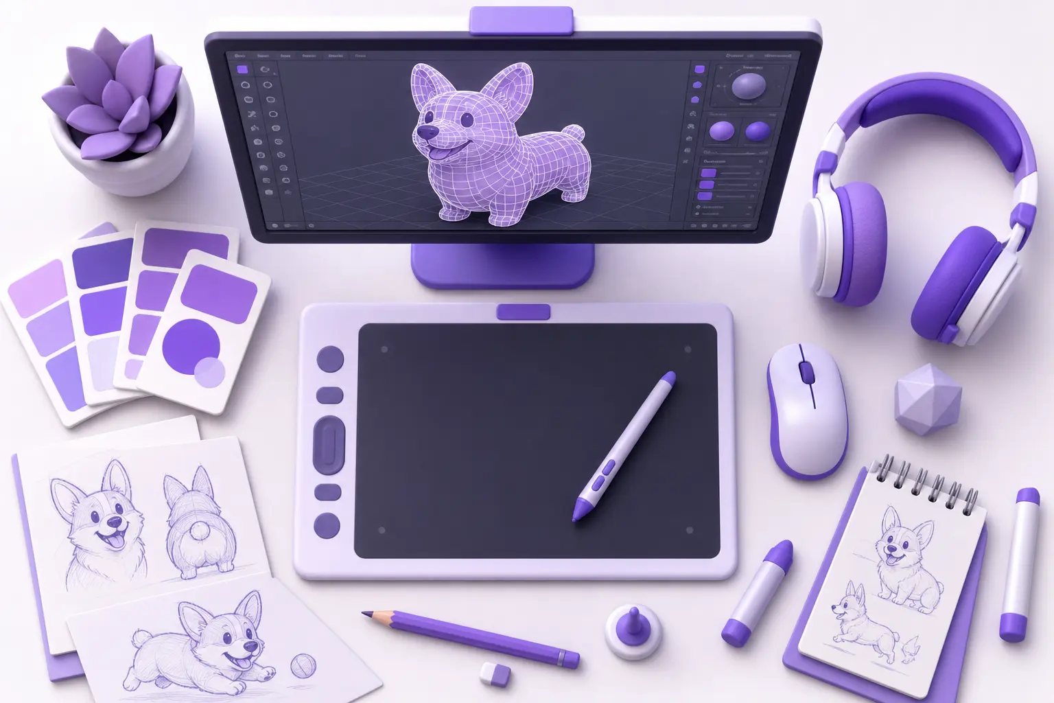 Раскладка инструментов 3D-дизайнера: планшет, стилус, мышь и монитор с 3D-моделью