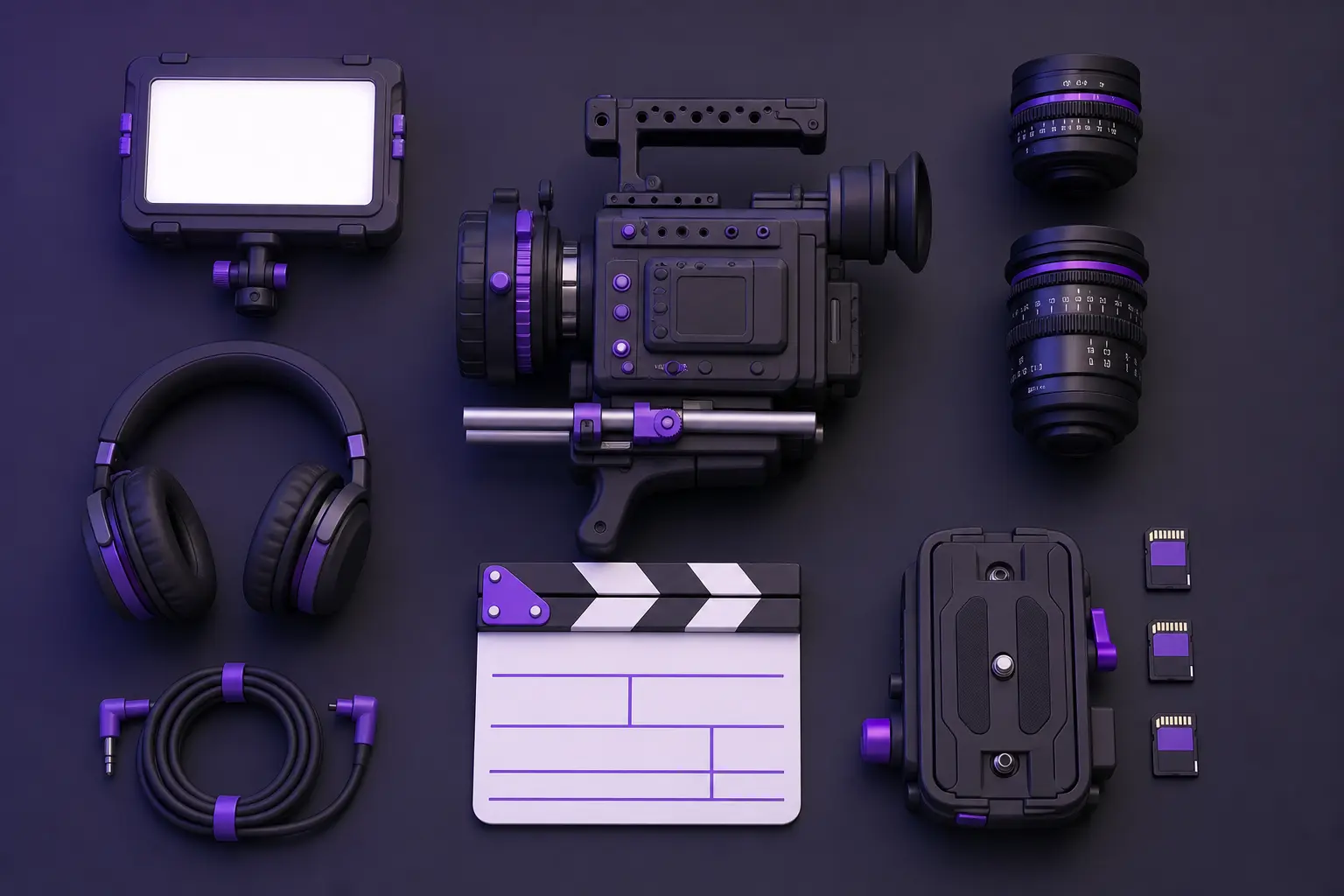 Knolling-раскладка операторского оборудования: камера, объективы, хлопушка, наушники
