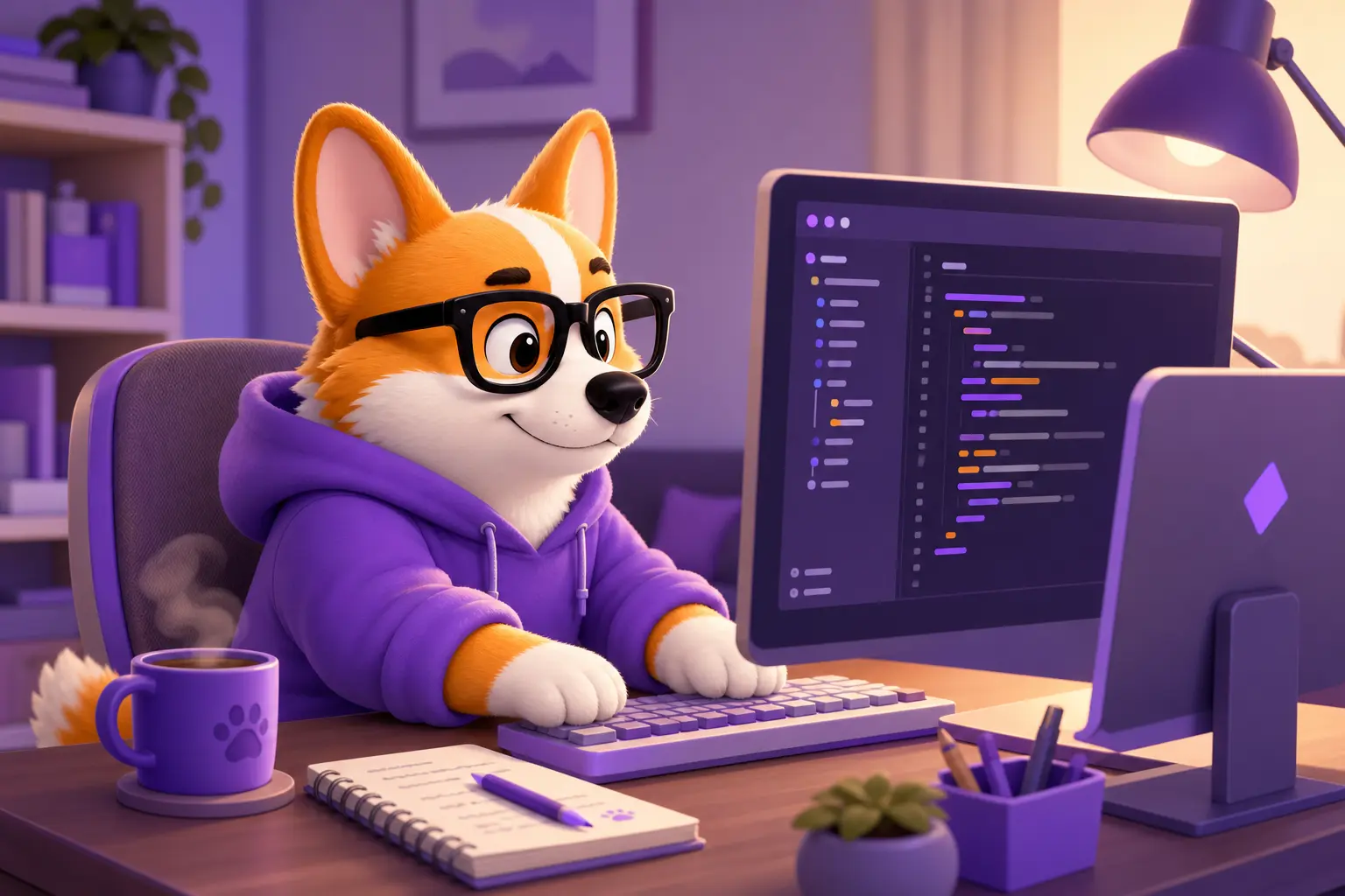 Рой-корги готовится писать код в VS Code за уютным рабочим столом