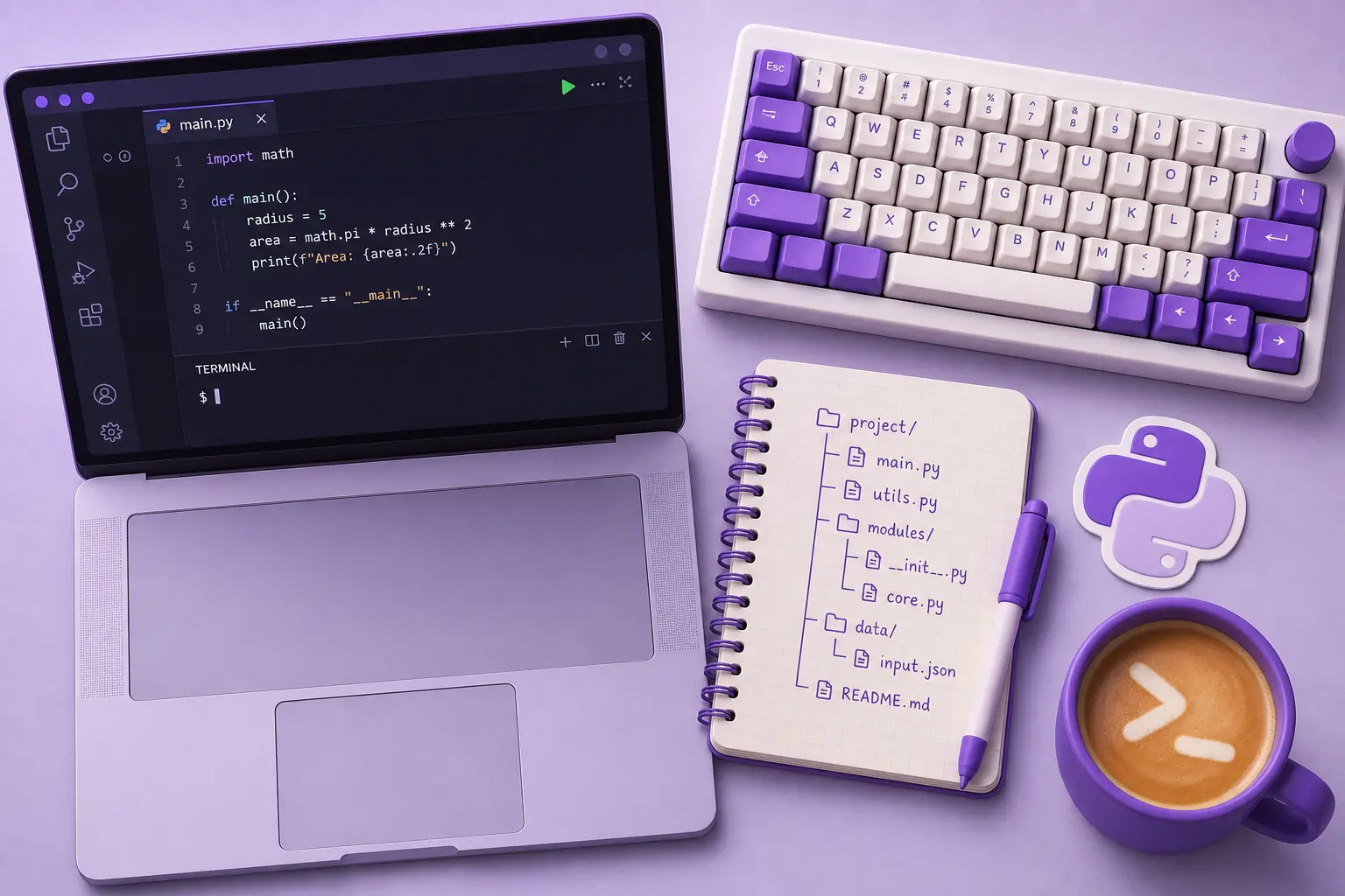 Раскладка рабочего стола программиста: ноутбук с VS Code, кнопка запуска программы, терминал и атрибуты кода